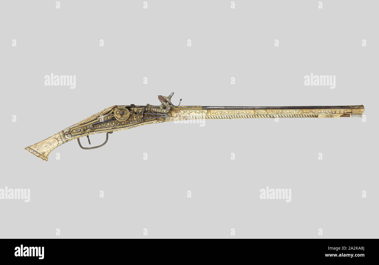 Wheellock Pistole, C. 1570/88, Spanisch, Deutsch, Deutschland, Holz, staghorn, Stahl und Gold, L.: 88,9 cm (35 in Stockfoto