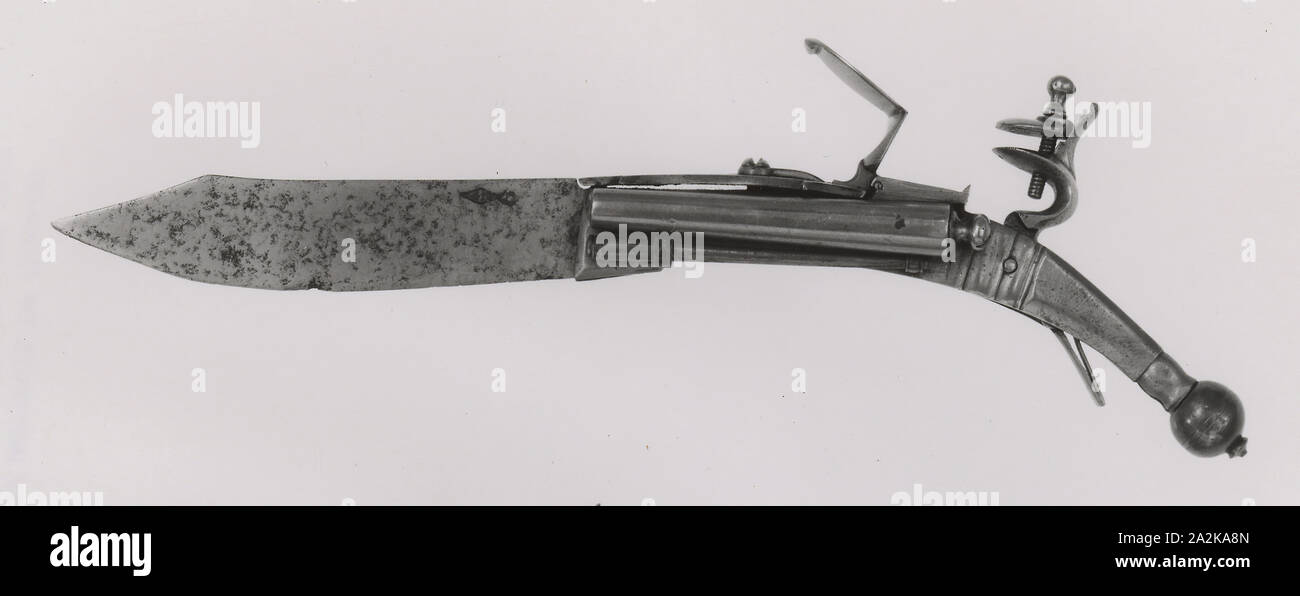 Kombinierte Double-Barreled Flintlock Pistol und Taschenmesser, 18. Jahrhundert, Europäische, Schweden, Stahl, Holz, Messing, Eisen, Gold, Wt. 5 oz. Stockfoto