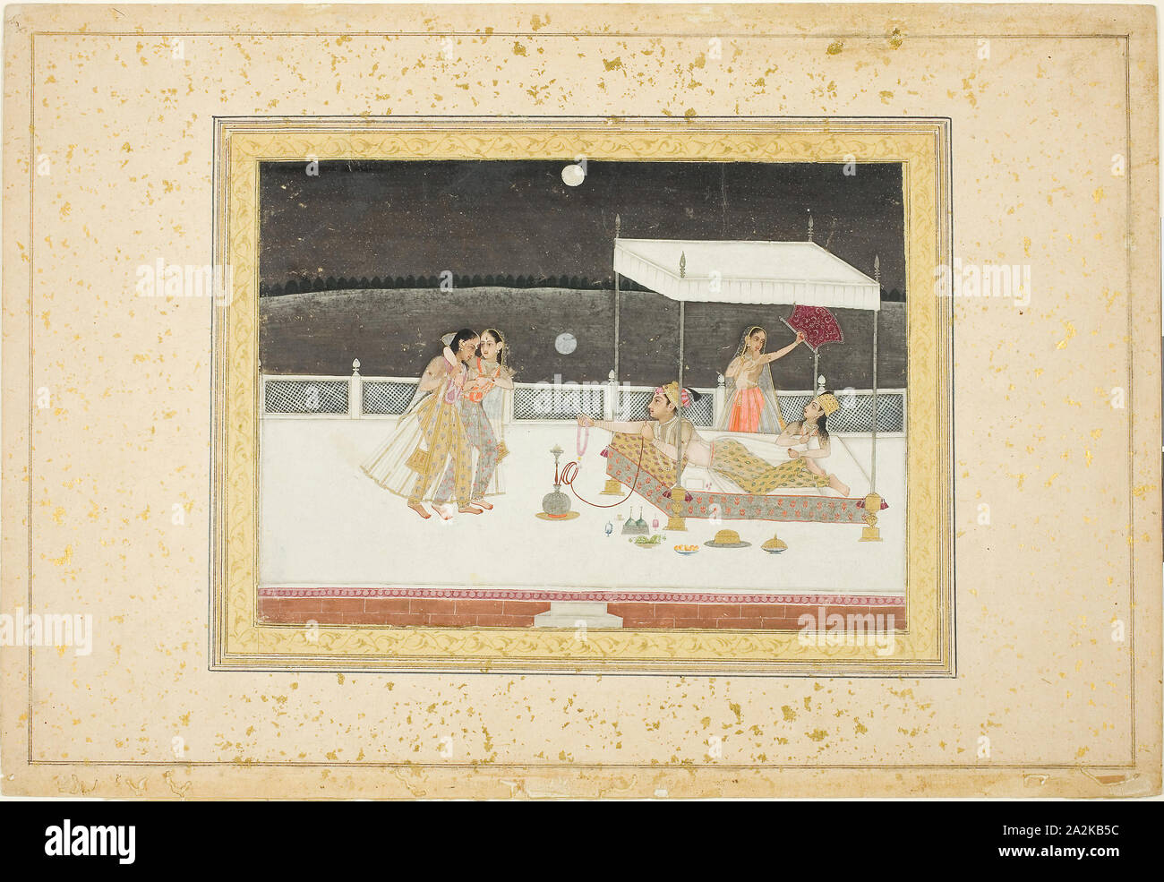 Verführung Szene auf einer Terrasse im Mondschein, 18. Jahrhundert, Indien, West Bengalen, Pretzfeld, Pretzfeld, opak Aquarell mit Gold auf Papier, Bild: 16,8 x 23,5 cm (6 5/8 x 9 1/4 Zoll Stockfoto