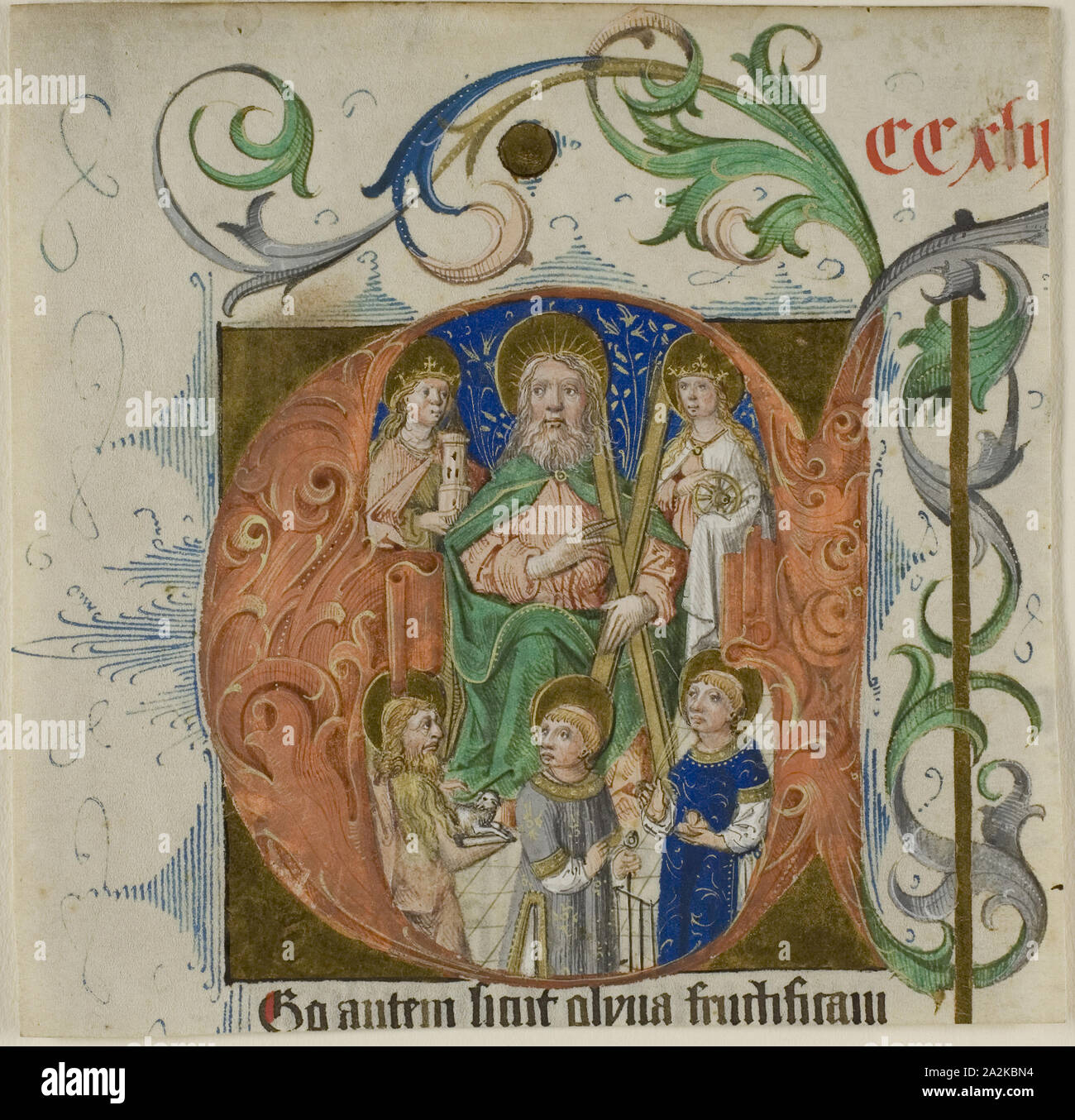 Der Heiligen Barbara, Katharina, Andreas, Johannes der Täufer, Lawrence und Thomas à Beckett in einem Historisierte Initiale E von einem missale oder Brevier, 1460/70, Deutsche (Rheinland), Deutschland, Manuskript schneiden in Tempera und Blattgold, mit gothica textualis Inschriften in Latein in bräunlich-rote und schwarze Tinte auf Pergament, 132 × 134 mm. Stockfoto