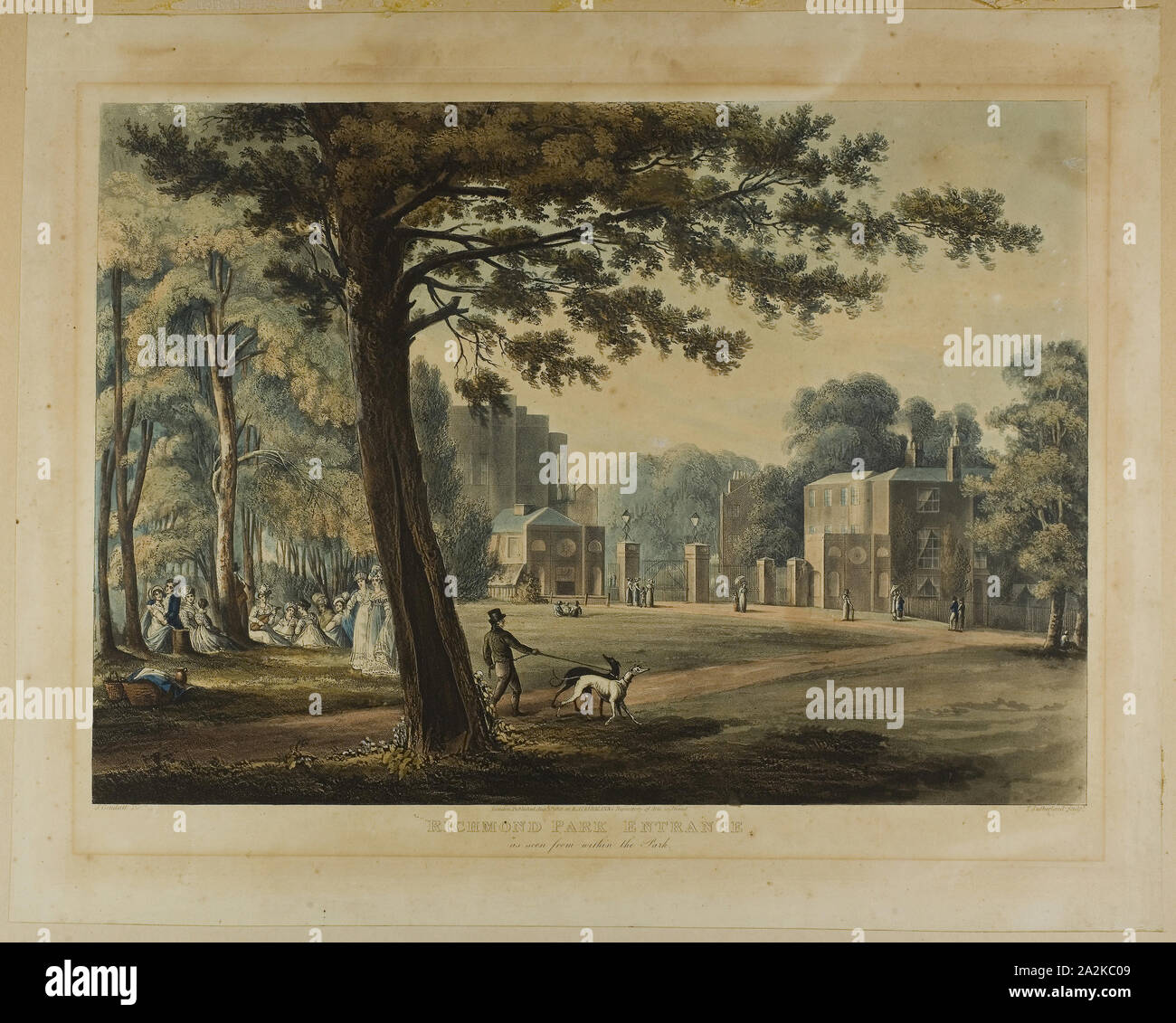 Richmond Park Eingang, 1819, Thomas Sutherland (Englisch, 1785-1825), nachdem Johannes Gendall (Englisch, 1790-1865), England, Aquatinta, verstärkt, mit Aquarell auf Papier Stockfoto