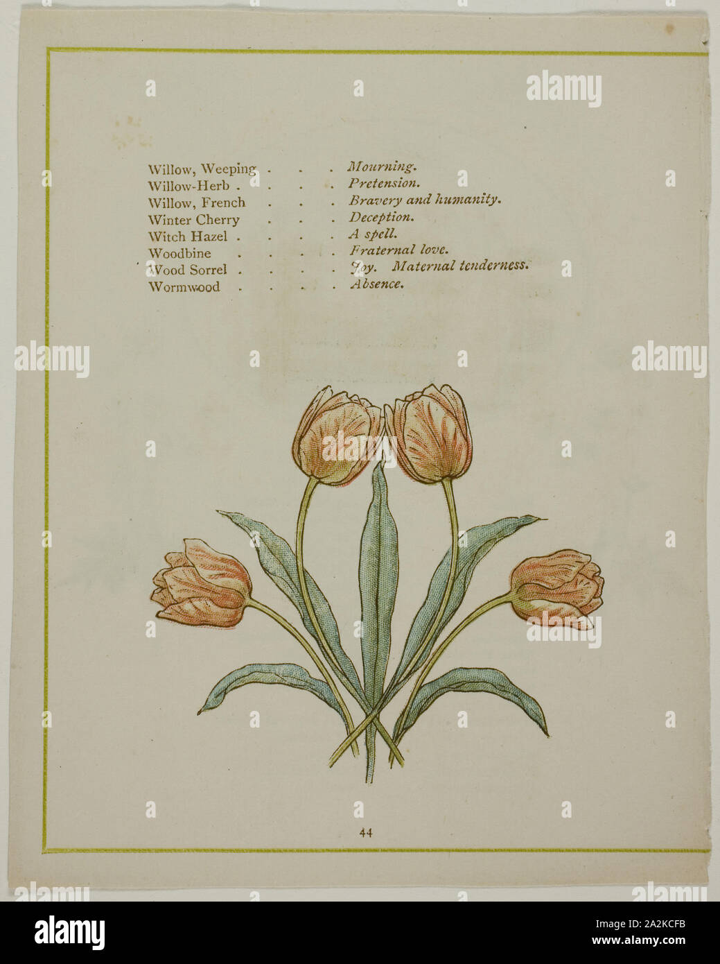 Dekorative Illustration, von der beleuchteten Sprache der Blumen, veröffentlicht 1884, wahrscheinlich Edmund Evans (Englisch, 1826-1905), nach Kate Greenaway (Englisch, 1846-1901), von Edmund Evans, England gedruckt, Farbe holzstich (chromoxylograph) Reproduktion von einem Aquarell auf Papier Stockfoto
