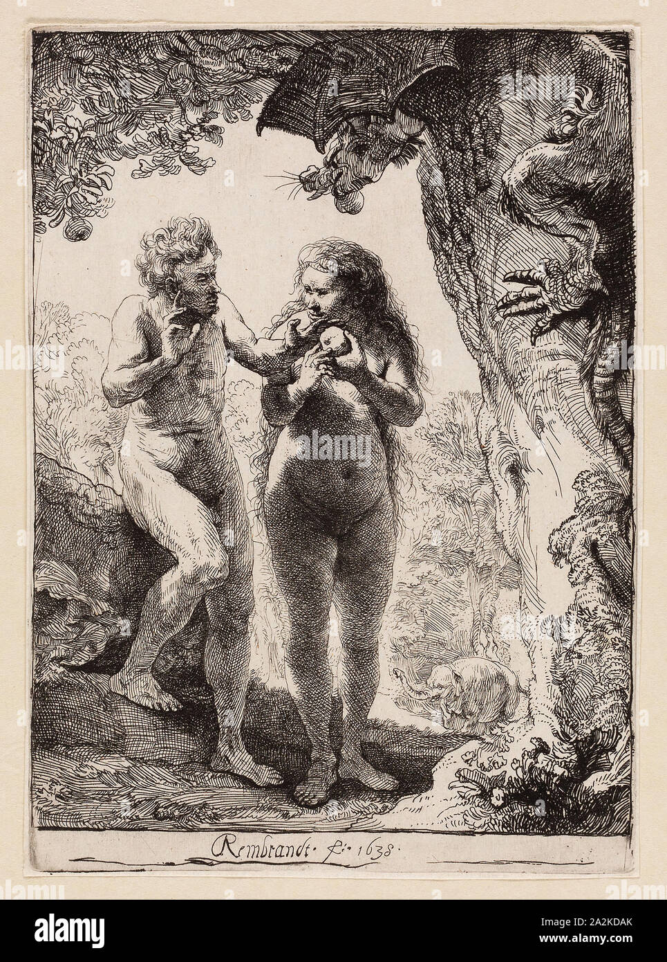 Adam und Eva, 1638, Rembrandt van Rijn, niederländischer, 1606-1669, Holland, Ätzung auf Elfenbein Bütten, 162 x 116 mm Stockfoto