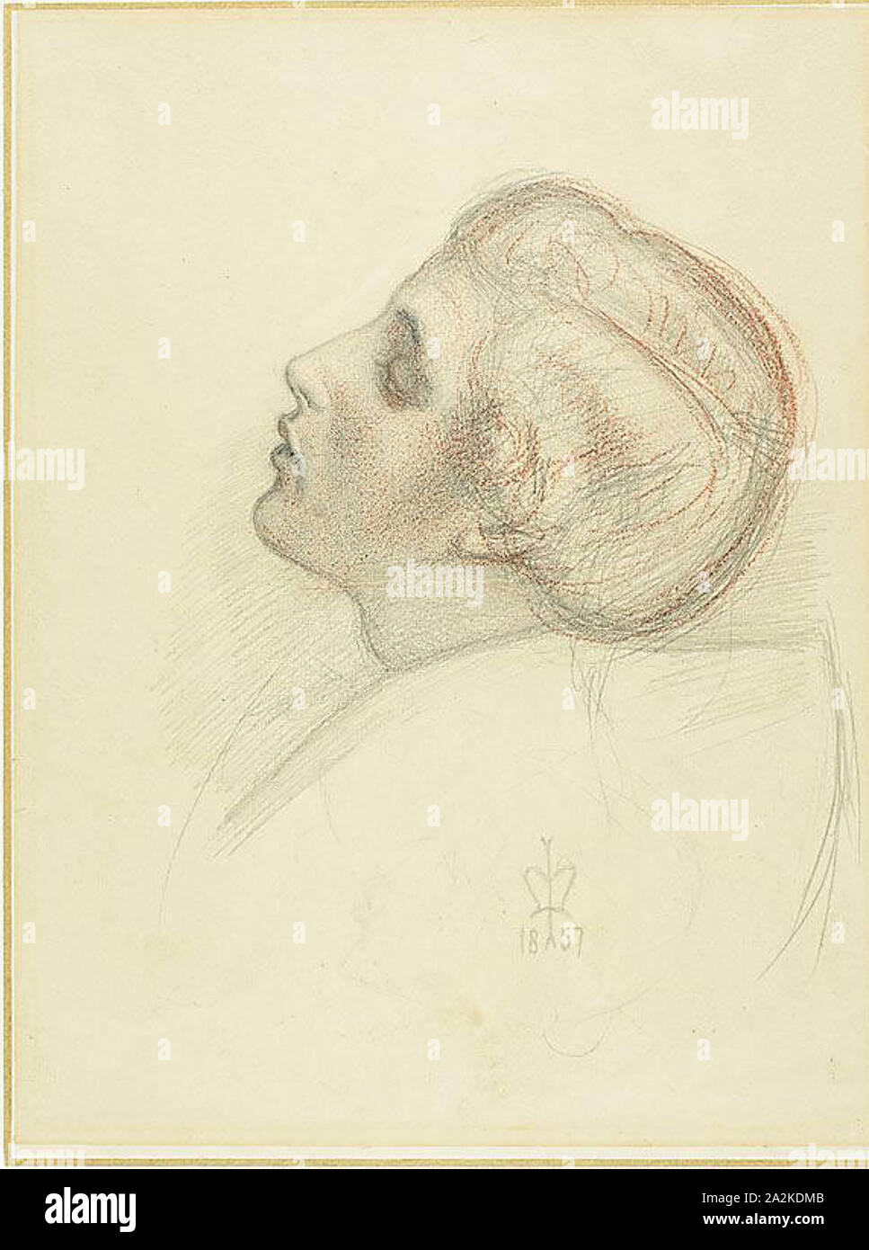 Studie für die Rettung der Geliebten in Flucht der Ketzer, 1857, Sir John Everett Millais, Englisch, 1829-1896, England, Graphit und Rote Kreide auf Creme webte Papier (aus Elfenbein verfärbt) legte sich auf Elfenbein, 253 × 191 mm. Stockfoto