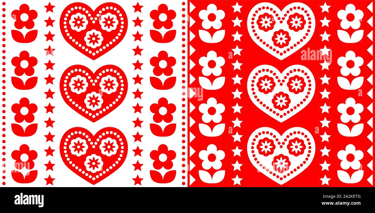 Skandinavische Weihnachten Volkskunst Vektor nahtlose Muster, niedliche Festliche nordisches Design in Rot und Weiß Stock Vektor