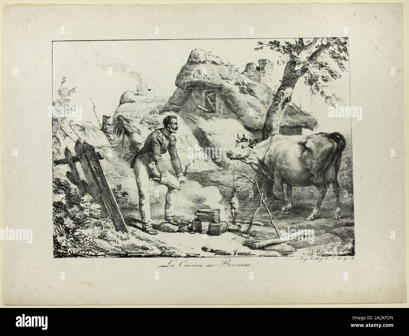Biwak Küche, n.d., Horace Vernet (Frankreich, 1789-1863), von Francois Seraphin Delpech (Französisch, 1778-1825), Frankreich, Lithographie in Schwarz gedruckt auf Elfenbein webte Papier, 189 × 262 mm (Bild), 261 × 348 mm (Blatt Stockfoto
