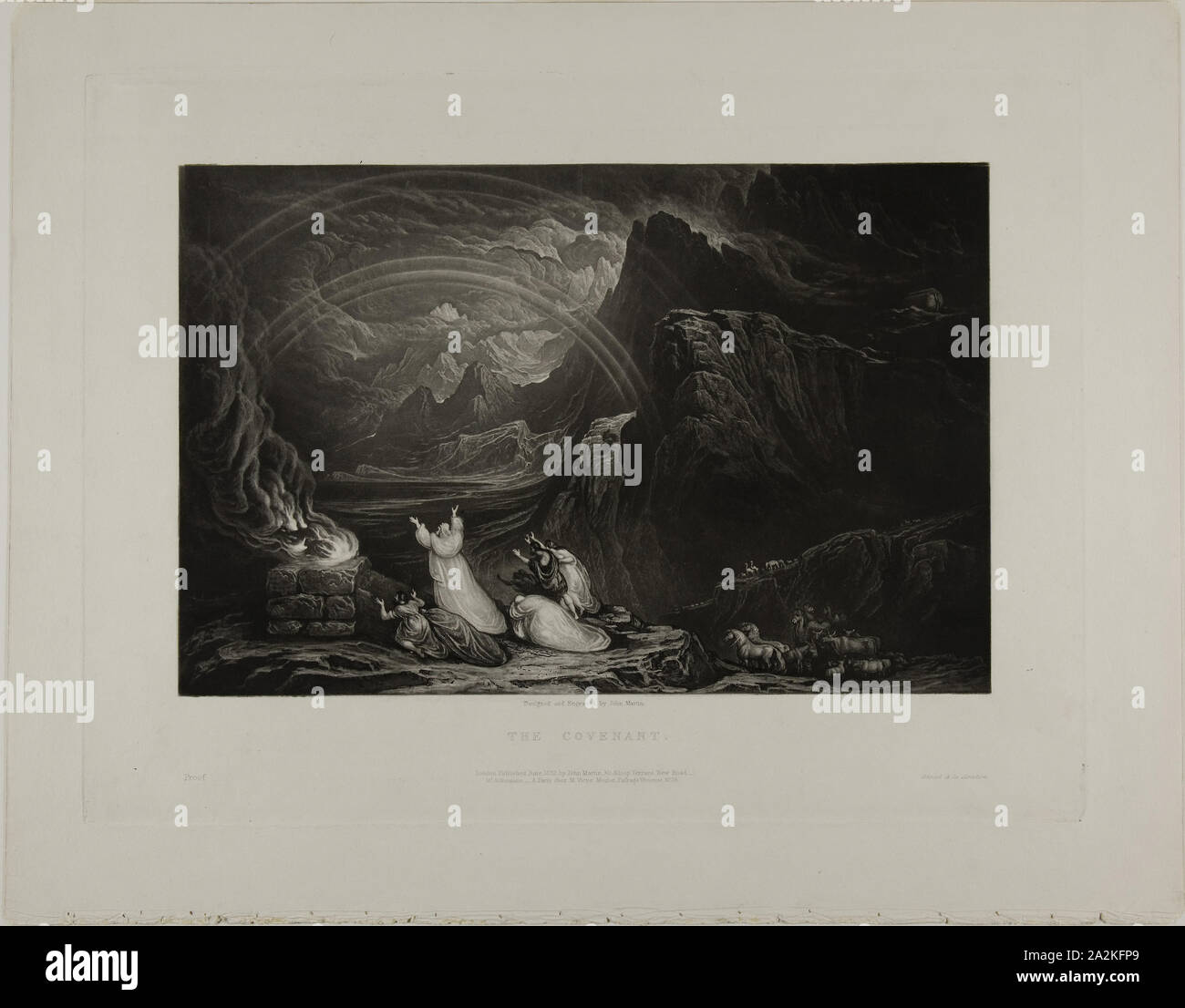 Der Bund, von Abbildungen der Bibel, 1832, John Martin, Englisch, 1789-1854, England, Schabkunst in Schwarz auf Elfenbein webte Papier, 190 × 290 mm (Bild), 268 x 357 mm (Platte), 329 × 416 mm (Blatt Stockfoto