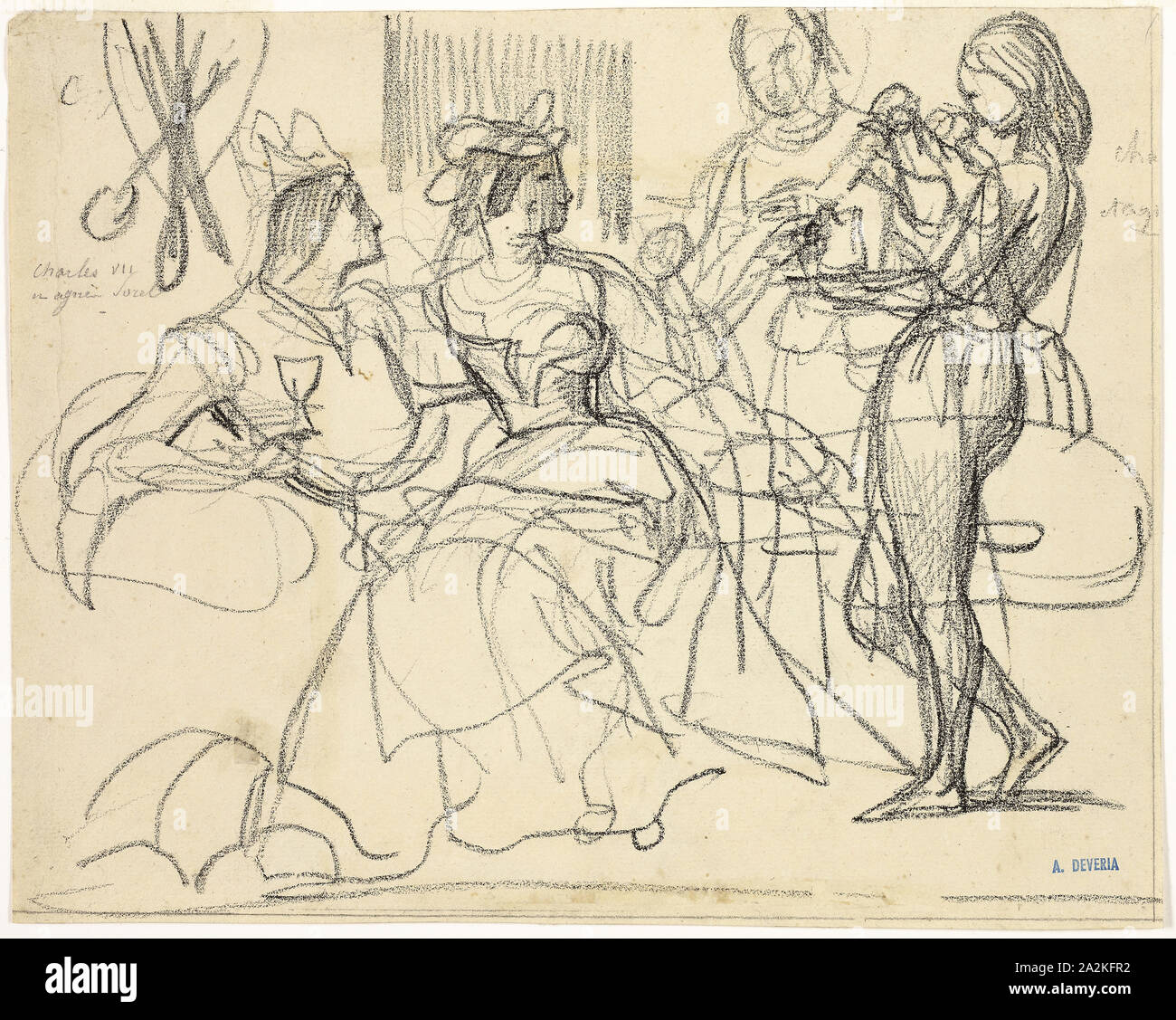 Studie, 1839/42, Achille Devéria, Französisch, 1800-1857, Frankreich, Schwarze Kreide auf Creme Bütten, 211 × 264 mm. Stockfoto