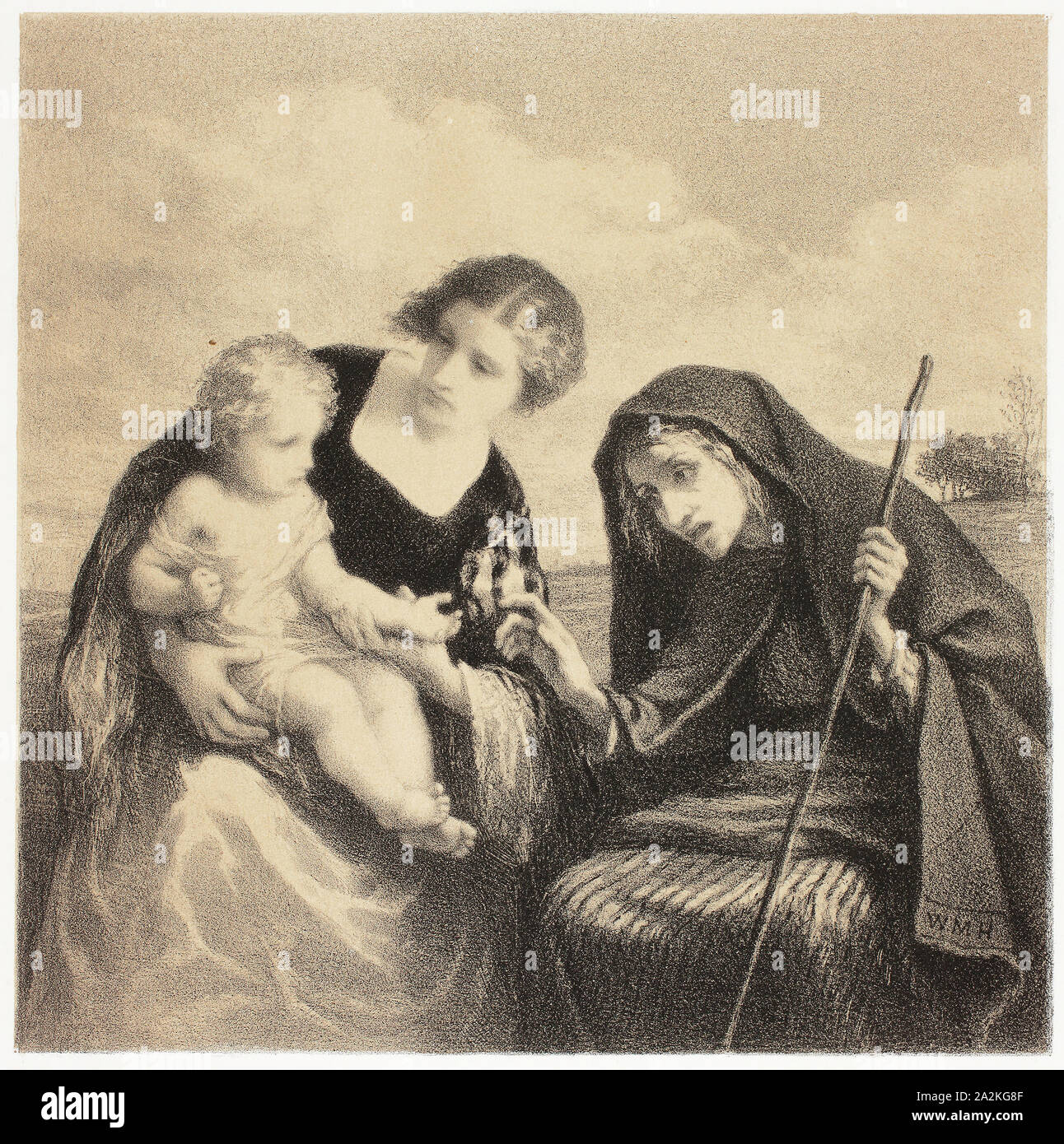 Die Wahrsagerin, 1857, William Morris Hunt, American, 1824-1979, United States, Lithographie mit einem braunen Ton auf Elfenbein webte Papier, 190 x 189 mm (Bild), 379 x 309 mm (Blatt Stockfoto