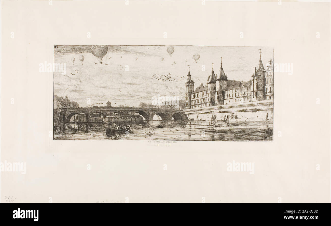 Pont-au-ändern, Paris, 1854, Charles Meryon (Französisch, 1821-1868), gedruckt von Auguste Delâtre (Französisch, 1822-1907), Frankreich, Radierung mit Kaltnadel auf Elfenbein Bütten, 141 × 324 mm (Bild), 156 x 334 mm (Platte), 298 × 485 mm (Blatt Stockfoto