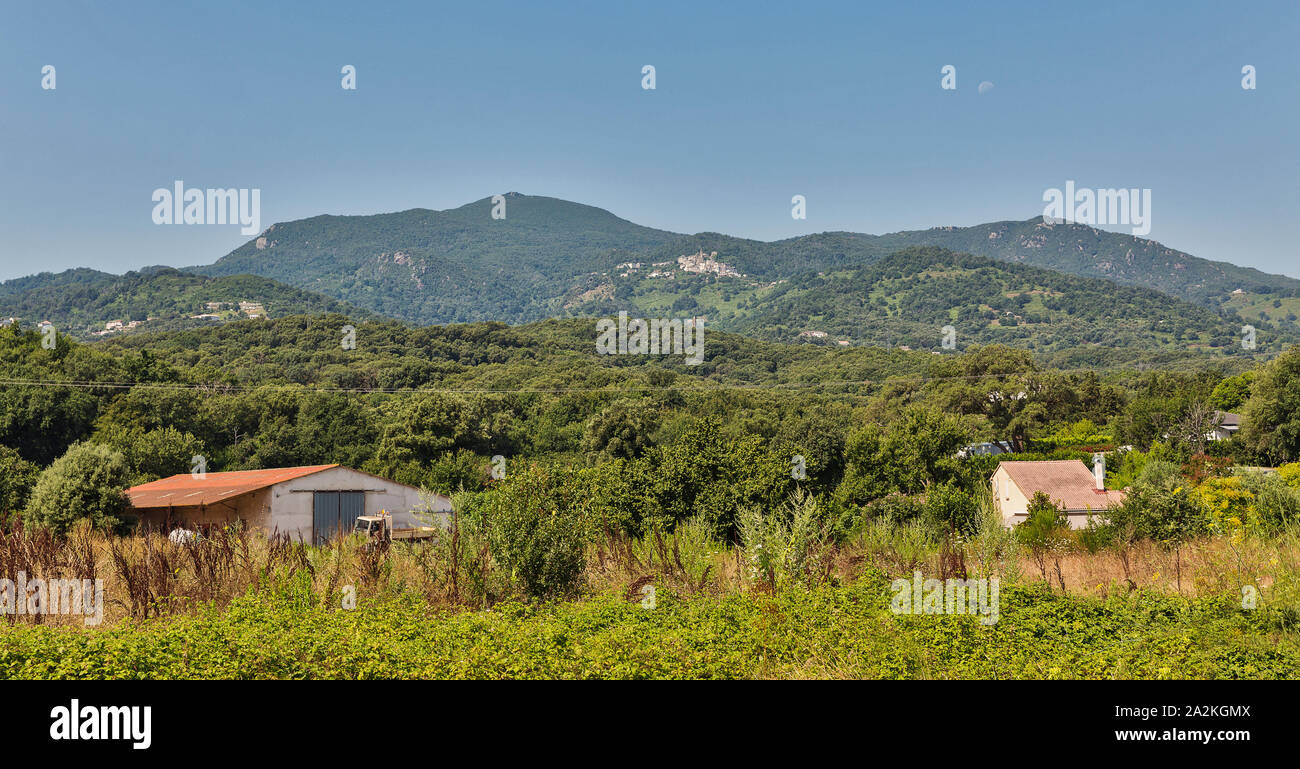 Insel Korsika Landschaft mit Hof und Berge, Frankreich. Stockfoto