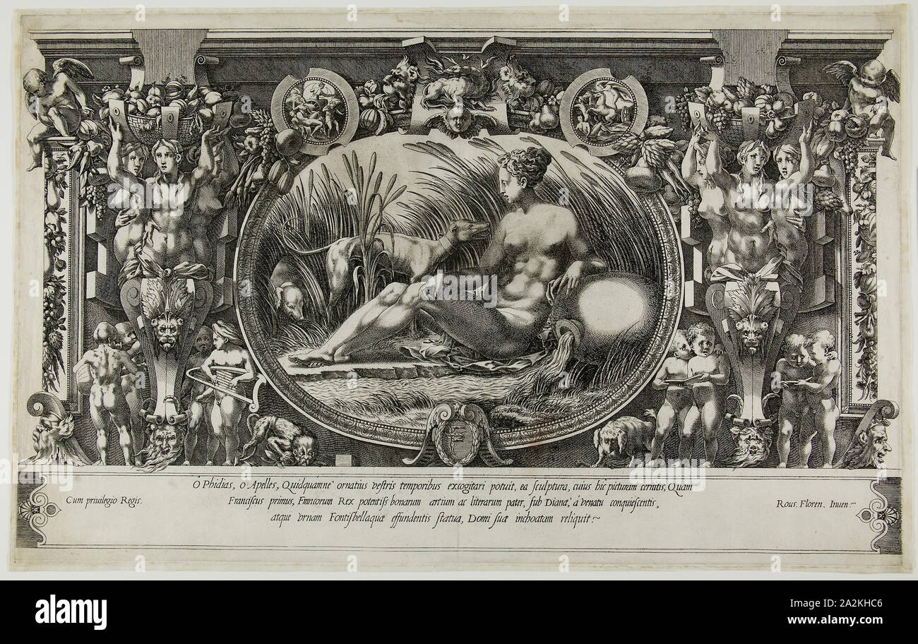 Die Nymphe von Fontainebleau, 1554, Pierre Milan (Französisch, gestorben 1557), nach Rosso Fiorentino (Italien, 1494-1540), Frankreich, Gravur auf Creme Bütten, 522 × 329 mm. Stockfoto