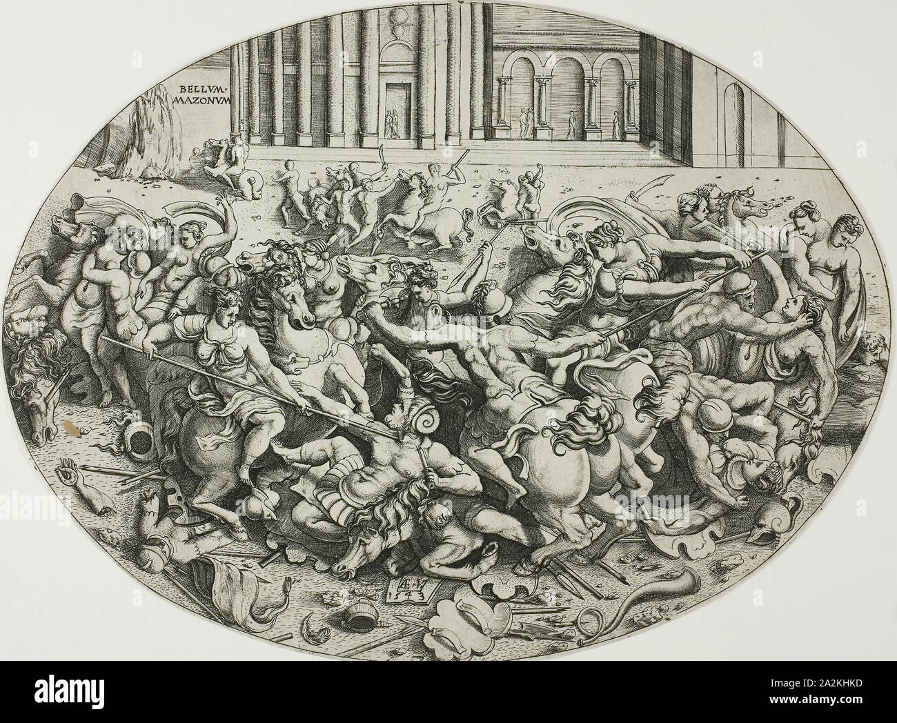 Die Schlacht der Amazonen, 1543, Enea Vico, Italienisch, 1523-1567, Italien, Gravur in Schwarz auf Elfenbein Bütten, 209 x 280 mm Stockfoto