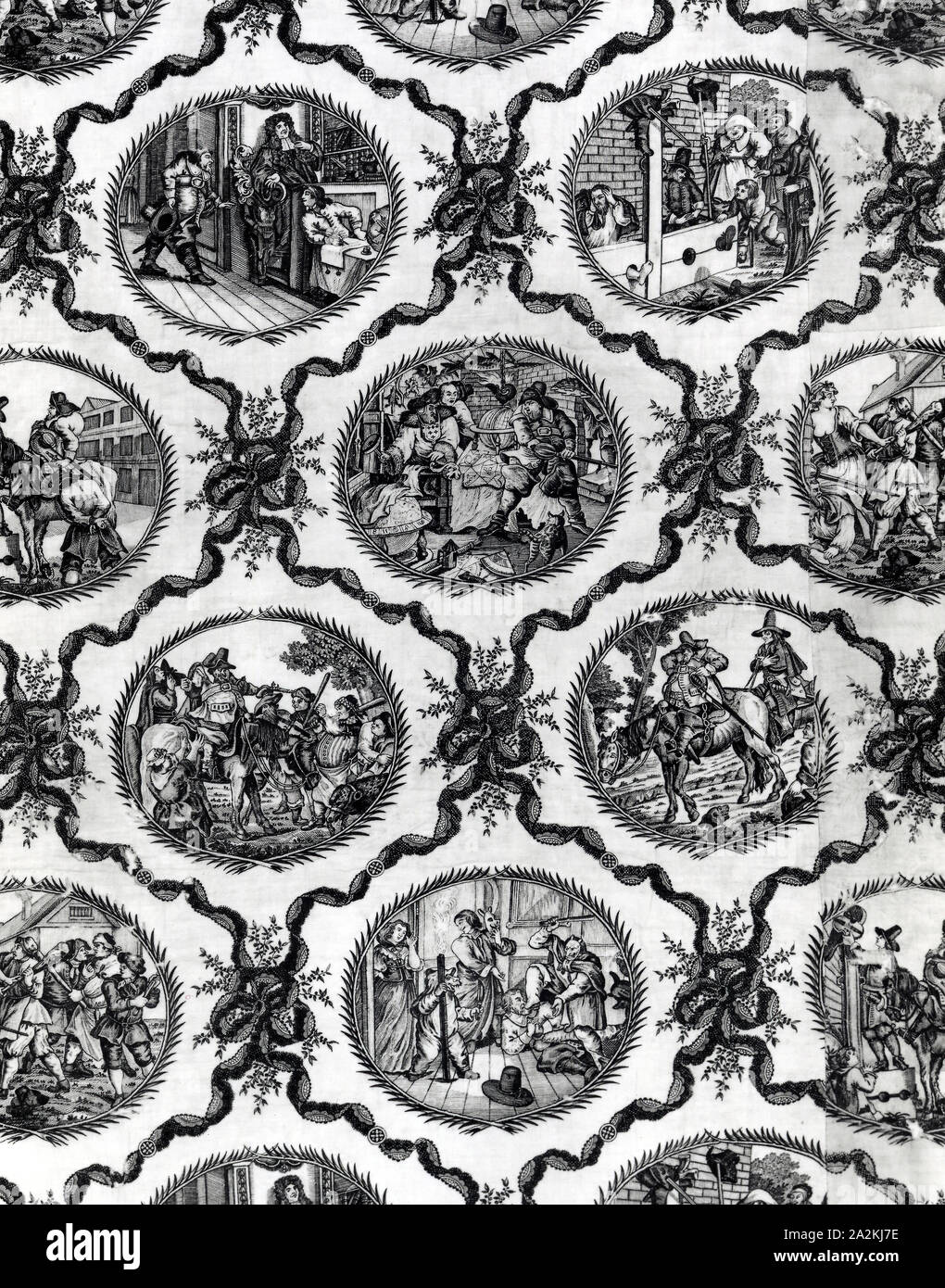 Bettdecke, 1780 s, gestochen von William Hogarth (Englisch, 1697 - 1764) nach Illustrationen von Samuel Butler (Englisch, 1612-1680), England, Baumwolle, in Leinwandbindung, Kupferstich gedruckt, scharfkantig und gesichert mit Baumwolle, in Leinwandbindung, gesteppt, zwei und eine halbe Platten, 251,3 × 172,8 cm (98 7/8 x 68 in Stockfoto