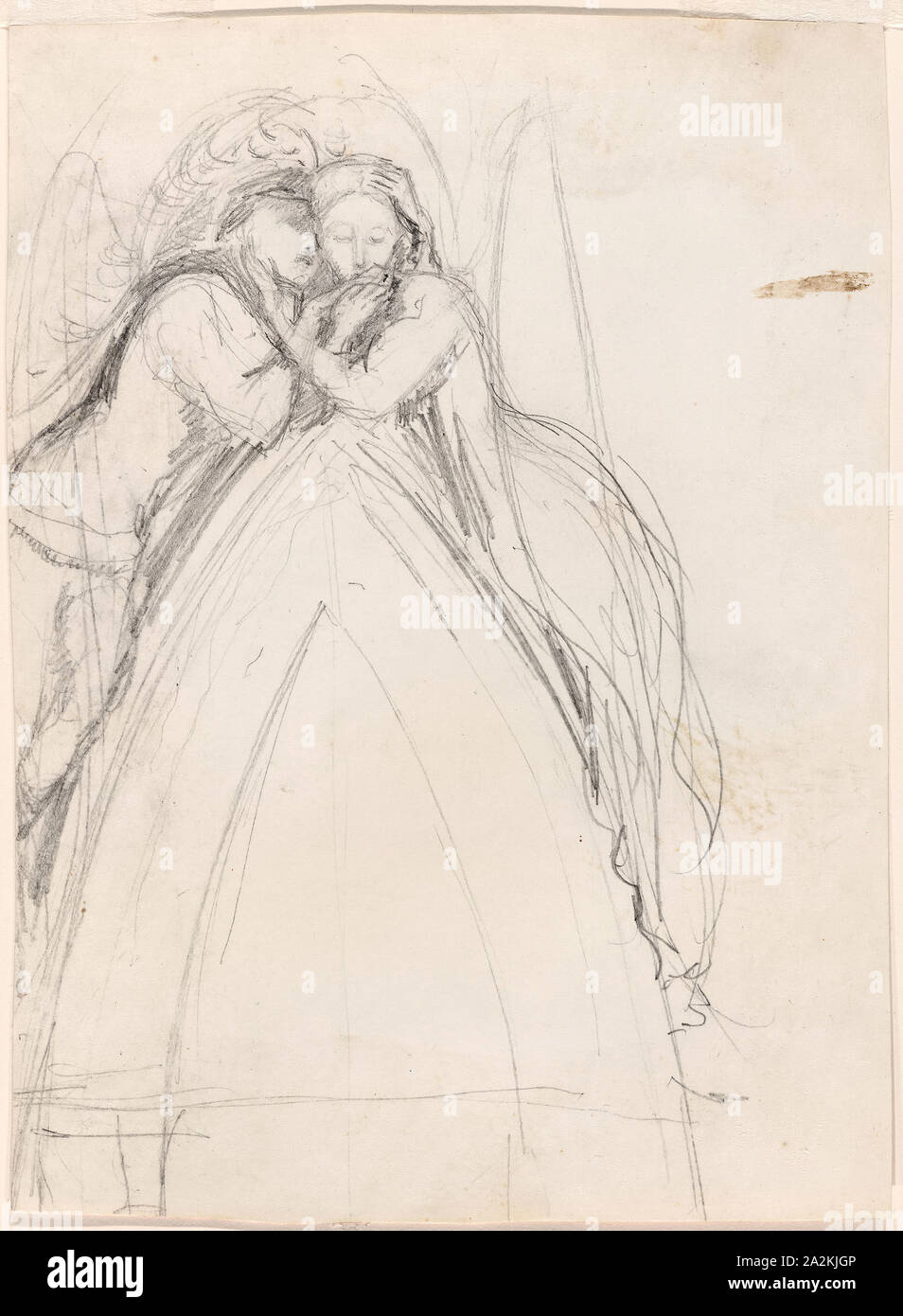 Design für ein gotischer Bogen mit der Künstlerin und Effie Ruskin umarmt (recto), Design für ein gotischer Bogen mit Effie als Engel (verso), 1853, Sir John Everett Millais, Englisch, 1829-1896, England, Graphit, mit einem Hauch von Pen und Bister (Recto und verso) auf Elfenbein Papier, 232 × 115 mm. Stockfoto