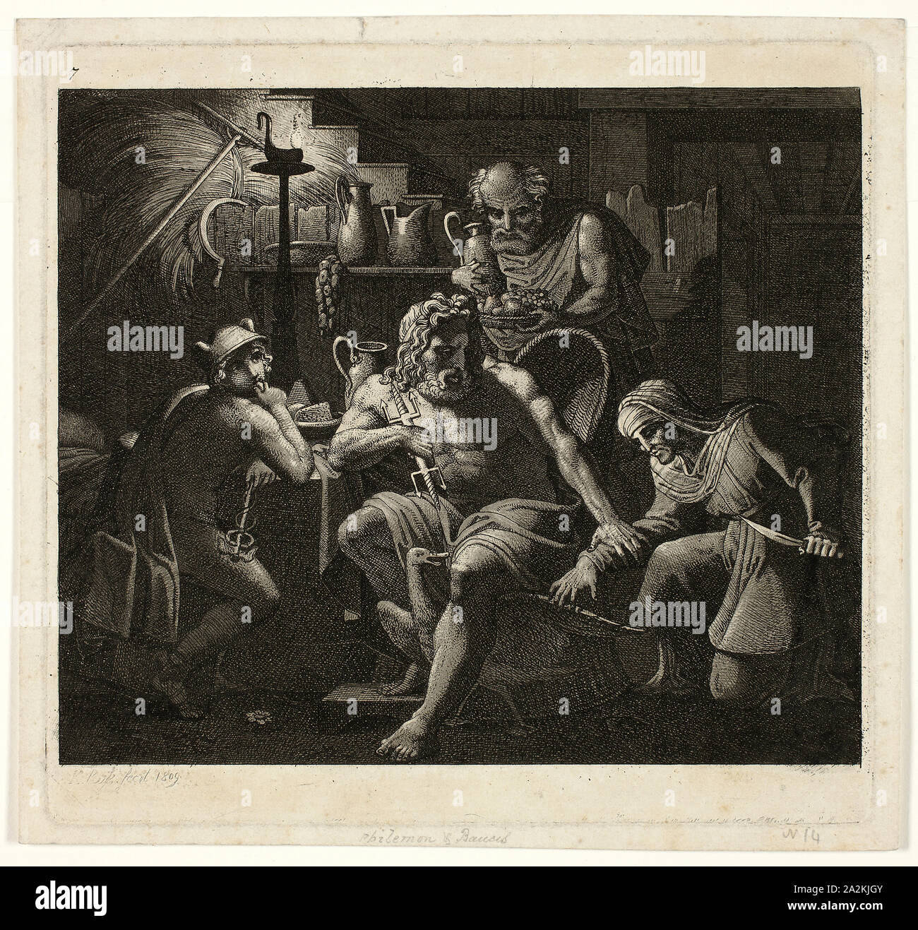 Jupiter Besuche mit Philemon und Bacchus, 1809, Carl Russ, Österreichische, 1779-1843, Österreich, Radierung und Aquatinta auf Tan webte Papier, 174 x 185 mm (Platte), 186 × 198 mm (Blatt Stockfoto