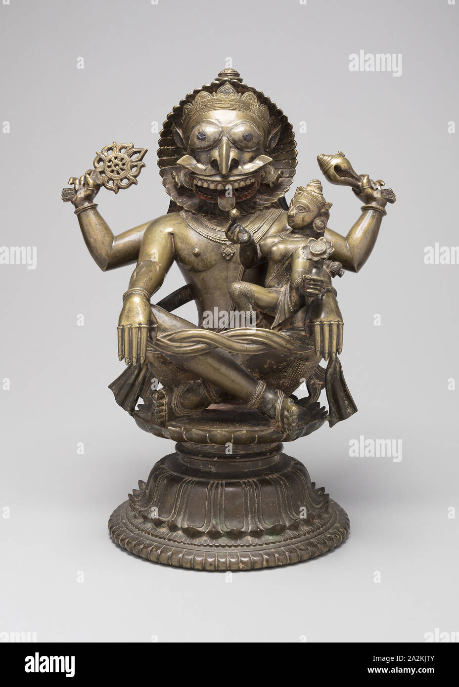 Lion-Headed Inkarnation des Gottes Vishnu (narasimha), C. Aus dem 15. Jahrhundert, Indien, Orissa, Orissa, Bronze mit silber Inlay und Spuren von Pigment, 38,5 x 29,1 x 21,0 cm (15 1/4 x 11 5/6 x 8 1/4 Zoll Stockfoto