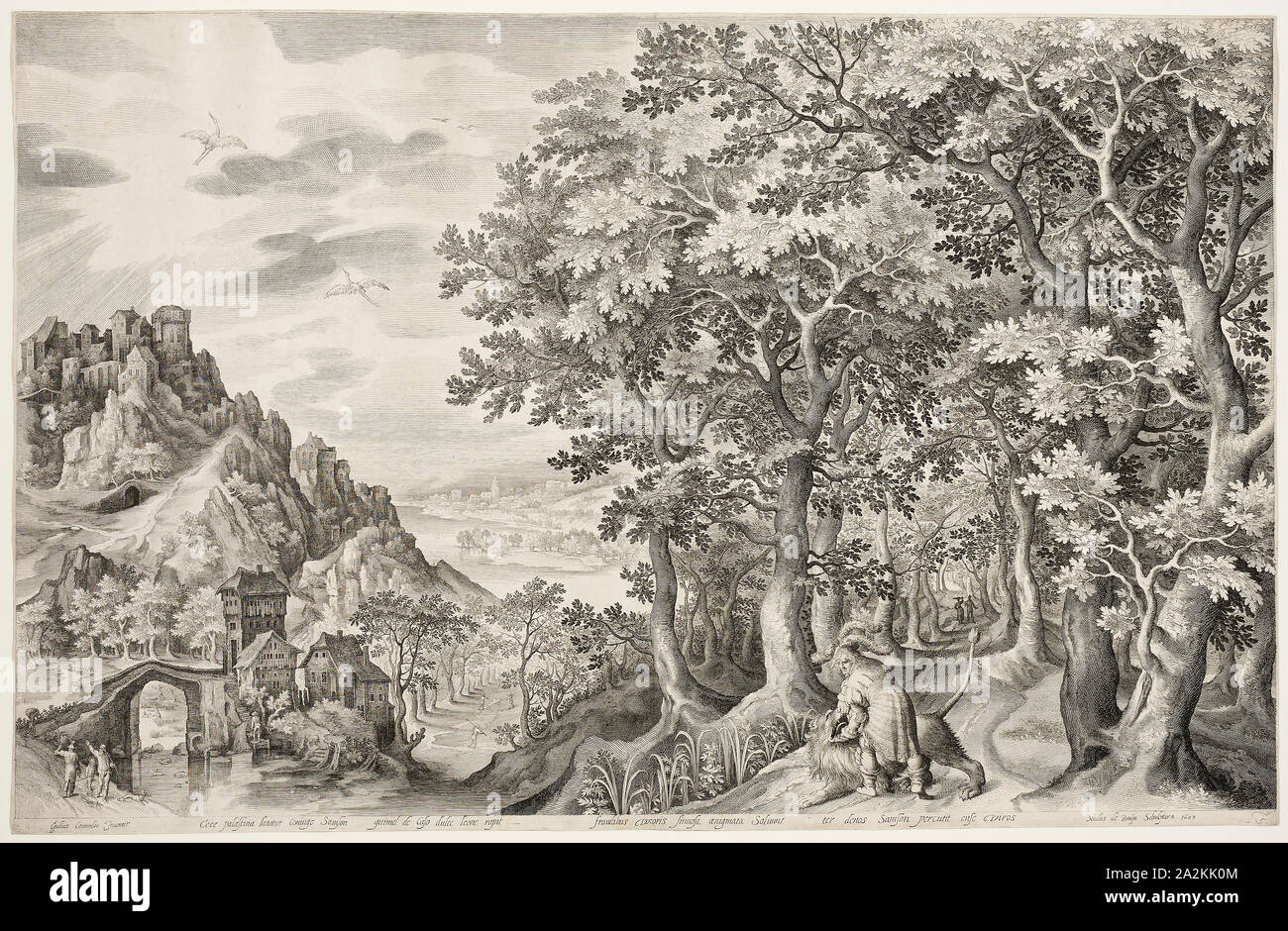 Samson Tötung der Löwe, 1603, Nicolaes de Bruyn (Flämisch, 1571-1656), nach Preti (Niederländischen, C. 1544-1607), Flandern, Gravur in Schwarz auf Elfenbein Bütten, 442 × 688 mm Stockfoto