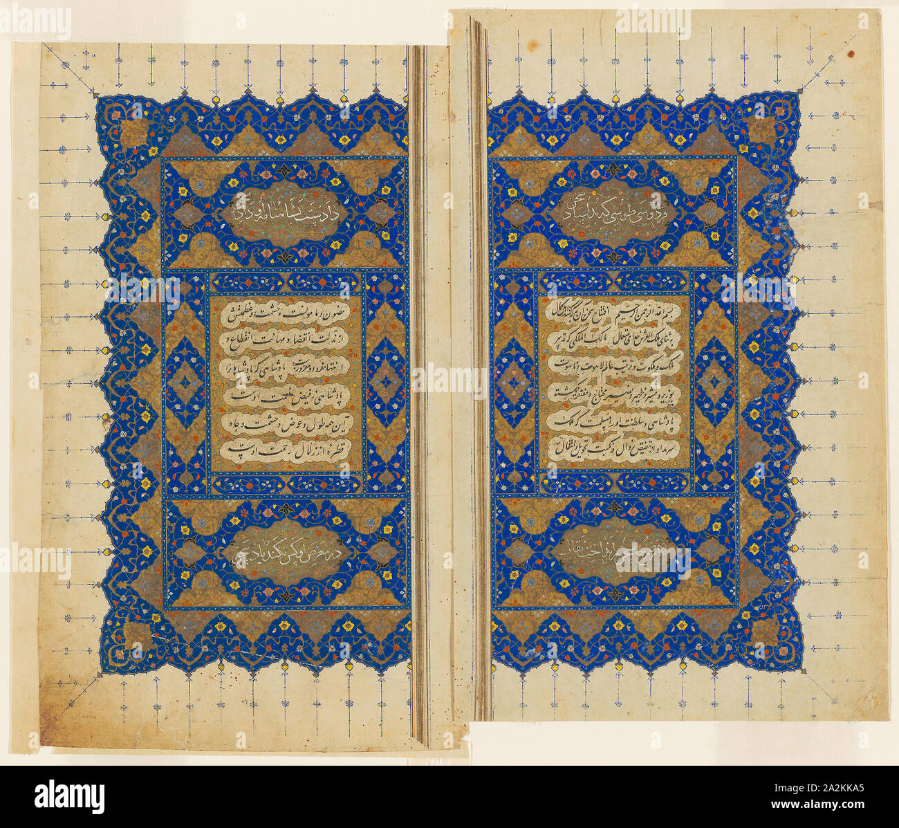 Doppelte Titel Seite einer Kopie der shahnama von Firdausi, Safavid Dynastie (1501 - 1722), aus dem 16. Jahrhundert, c 1550, Iran, Shiraz, Iran, opak Aquarell und Gold auf Papier, 28,6 x 34,7 cm (11 1/4 x 13 3/4 in.), auf der rechten Seite: 29,1 x 17,8 cm (11 7/16 x 7 in.), linke Seite: 28,9 x 18,4 cm (11 3/8 x 7 1/4 in Stockfoto