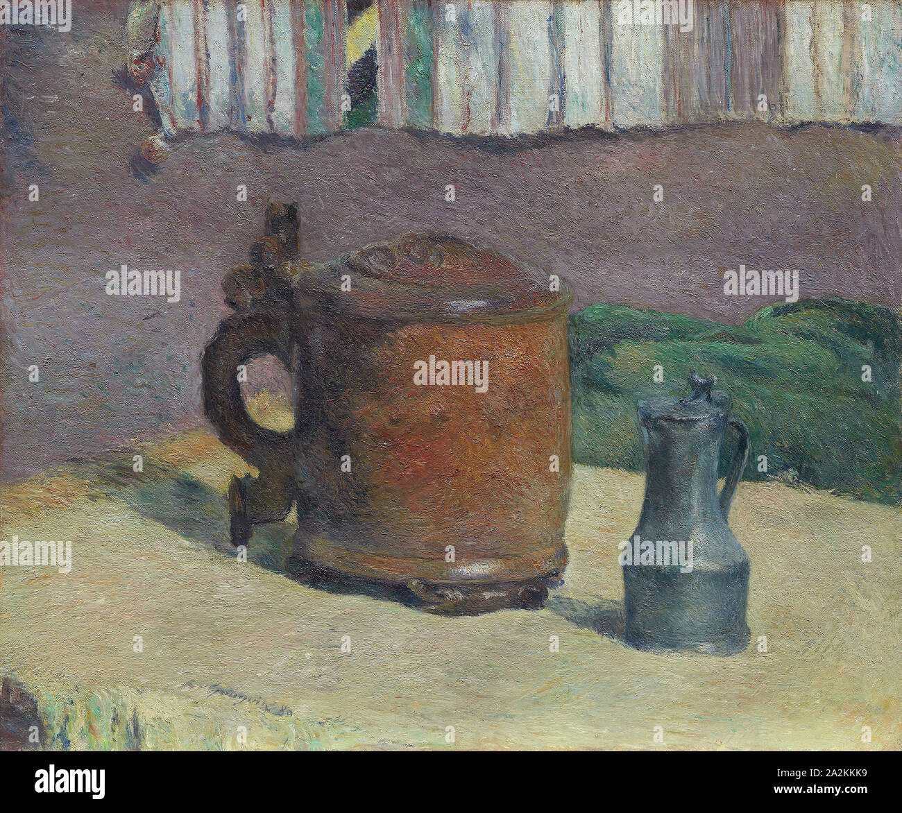 Still Life: Holz Tankard und Metall Krug, 1880, Paul Gauguin, Französisch, 1848-1903, Frankreich, Öl auf Leinwand, 54 × 65 cm (21 1/4 x 25 9/16 Zoll Stockfoto