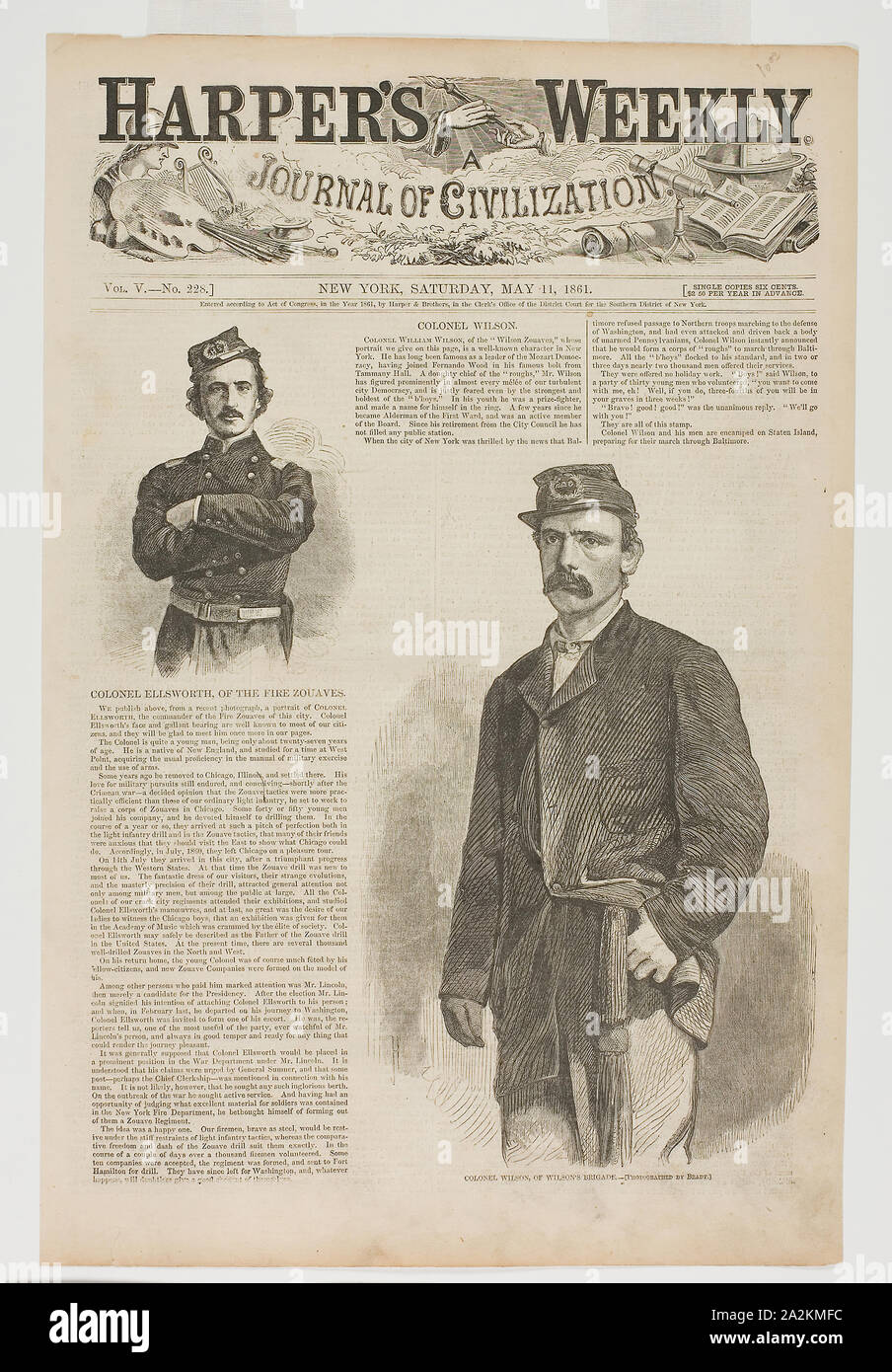 Oberst Wilson, Wilson's Brigade, und Oberst Ellsworth, des Feuers Zouaven, Veröffentlicht Mai 11, 1861, Winslow Homer (American, 1836-1910), das von Harper's Weekly (American, 1857-1916), United States, Holz Gravuren auf Papier, 403 x 264 mm veröffentlicht. Stockfoto