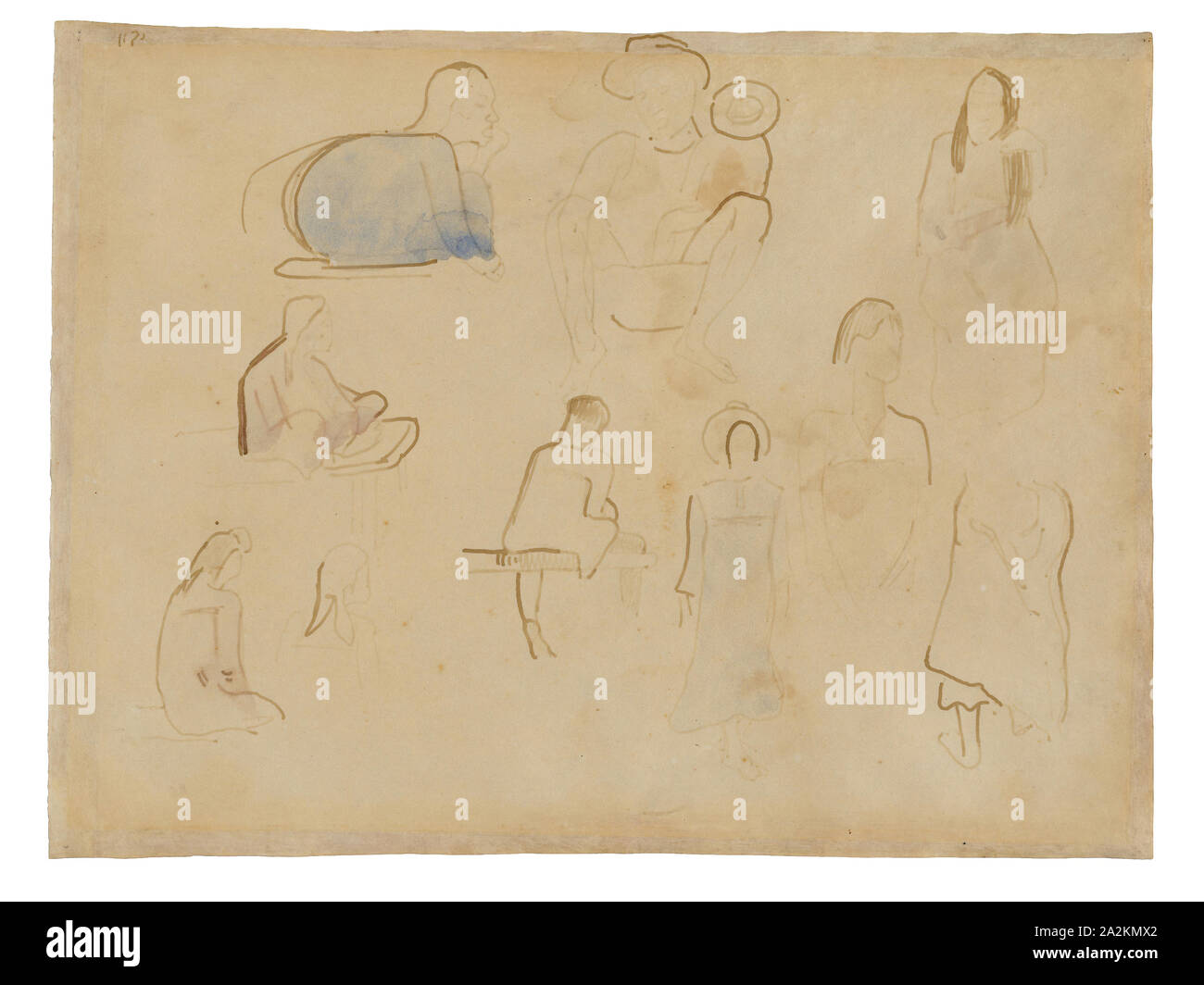 Zehn Studien von Tahitian Figuren, 1891/93, Paul Gauguin, Französisch, 1848-1903, Frankreich, Pinsel und braunen Farben (lila), mit Aquarell, auf Pergament, 240 × 314 mm. Stockfoto