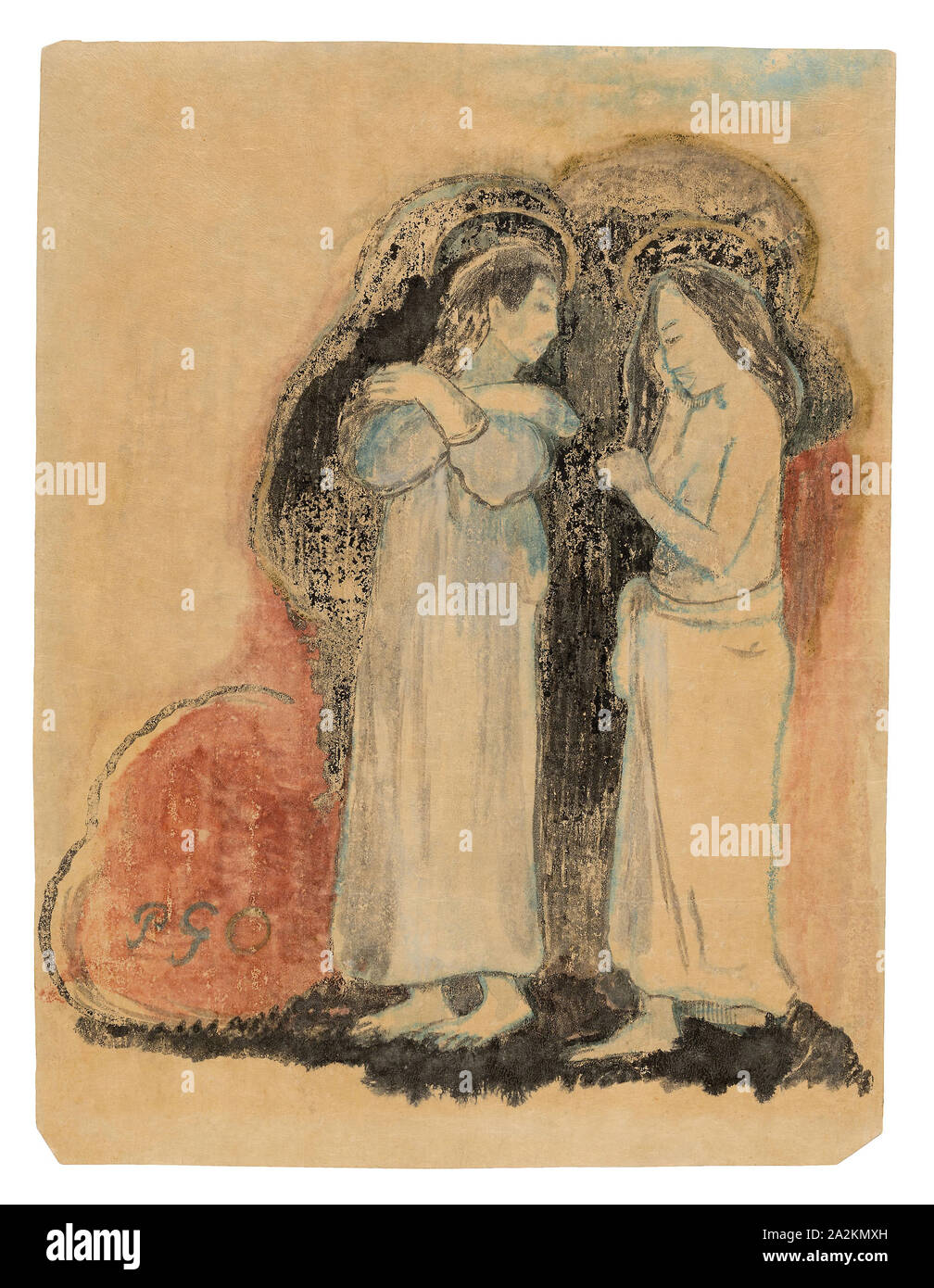 Zwei ständige Tahitianischen Frauen, 1894, Paul Gauguin, Französisch, 1848-1903, Frankreich, schwarze Tinte monotype aus einem Glas matrix, über Aquarell monotype aus Papier, Matrix, mit einem Hauch von metallischen Öl-basierten Medien, auf dünnen Creme japanisches Papier legte sich auf Creme webte Papier (eine Imitation japanischer Pergament), 260 × 199 mm (primär/sekundär unterstützen Stockfoto