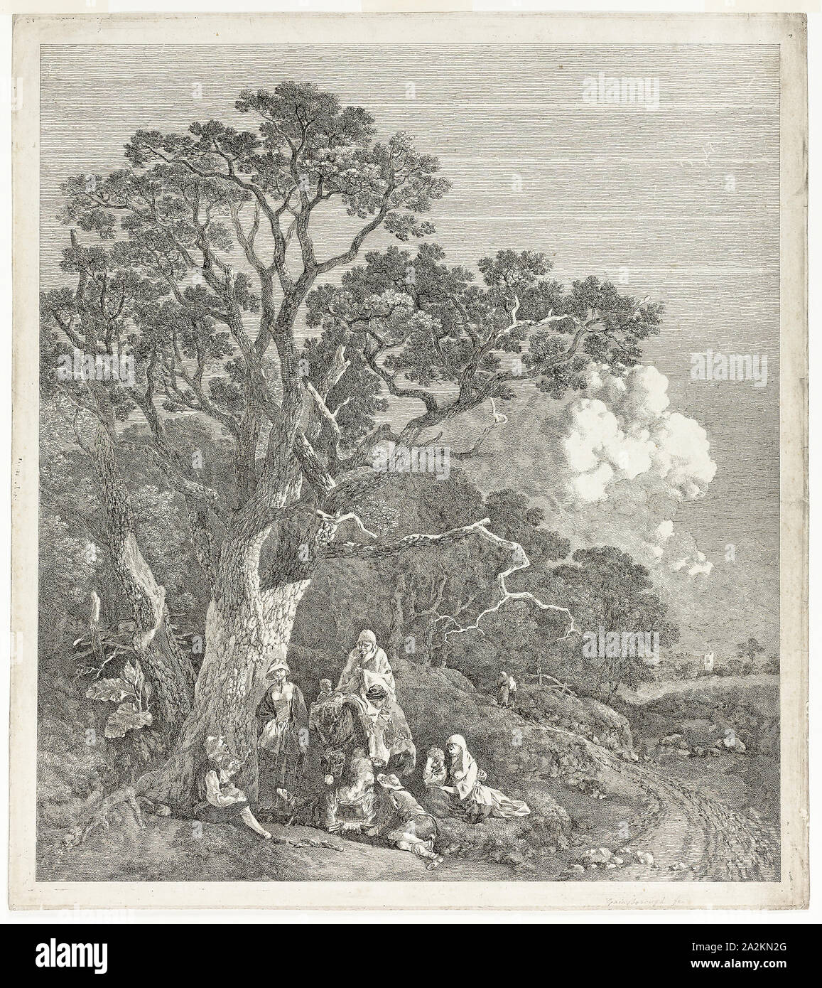 Bewaldete Landschaft mit Zigeunern versammelt rund um ein Feuer, 1753/54, Thomas Gainsborough, Englisch, 1727-1788, Vereinigtes Königreich, Ätzung auf Elfenbein webte Papier, 471 x 419 mm (Bild), 505 x 450 mm (Blatt Stockfoto