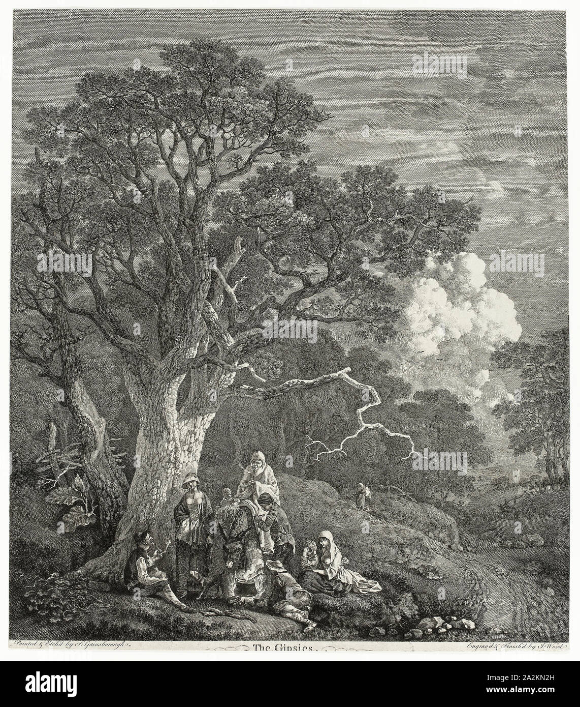 Bewaldete Landschaft mit Zigeunern versammelt rund um ein Feuer, 1753/54, Thomas Gainsborough, Englisch, 1727-1788, England, Ätzung auf Elfenbein webte Papier, 475 x 421 mm (Platte), 482 × 421 mm (Blatt Stockfoto