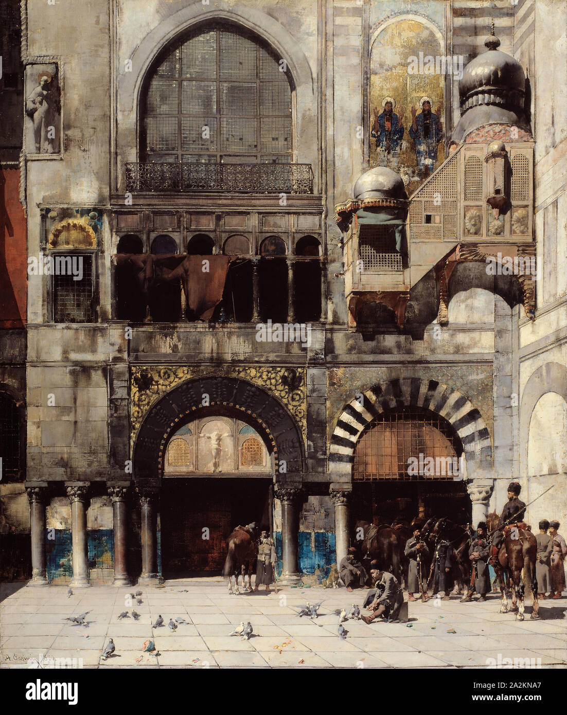 Tscherkessische Kavallerie Warten auf den kommandierenden Offizier an der Tür einer byzantinischen Monument, Speicher des Orients, 1880, Alberto Pasini, Italienisch, Italien, 1826-1899, Öl auf Leinwand, 25 cm × 21 cm. (64,7 × 54,6 cm Stockfoto