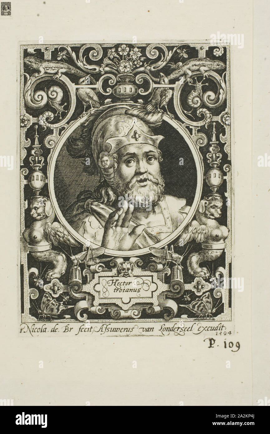 Hector von Troy, Platte aus der Neun Glaubenshelden, 1594, Nicolaes de Bruyn (Flämisch, 1571-1656), durch Assuerus van Londerseel (Flämisch, 1572-1635), Flandern, Gravur in schwarz Veröffentlicht am Creme Bütten, 117 × 88 mm (Bild), 124 × 91 mm (Platte), 197 × 153 mm (Blatt Stockfoto