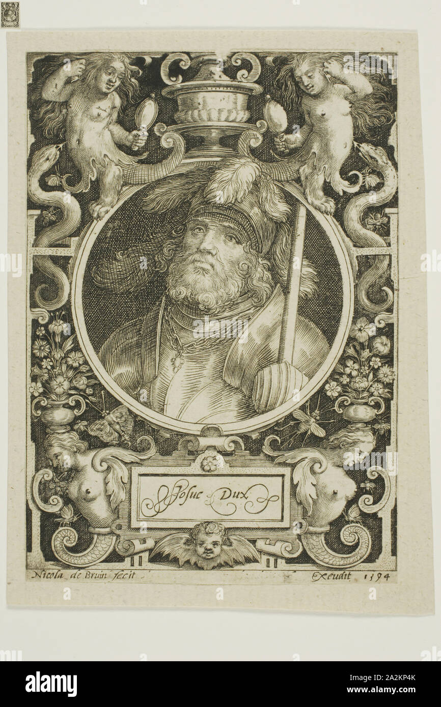 Joshua, Platte vier von neun Glaubenshelden, 1594, überarbeitete zweite Zustand, Nicolaes de Bruyn (Flämisch, 1571-1656), durch Assuerus van Londerseel (Flämisch, 1572-1635), Flandern, Gravur in schwarz Veröffentlicht am Creme Bütten, Trinkgeld zu Creme Bütten, 118 × 84,5 mm (Bild), 121 × 84,5 mm (Primary Support, in die Platte geschnitten), 133 × 98 mm (sekundäre Unterstützung Stockfoto