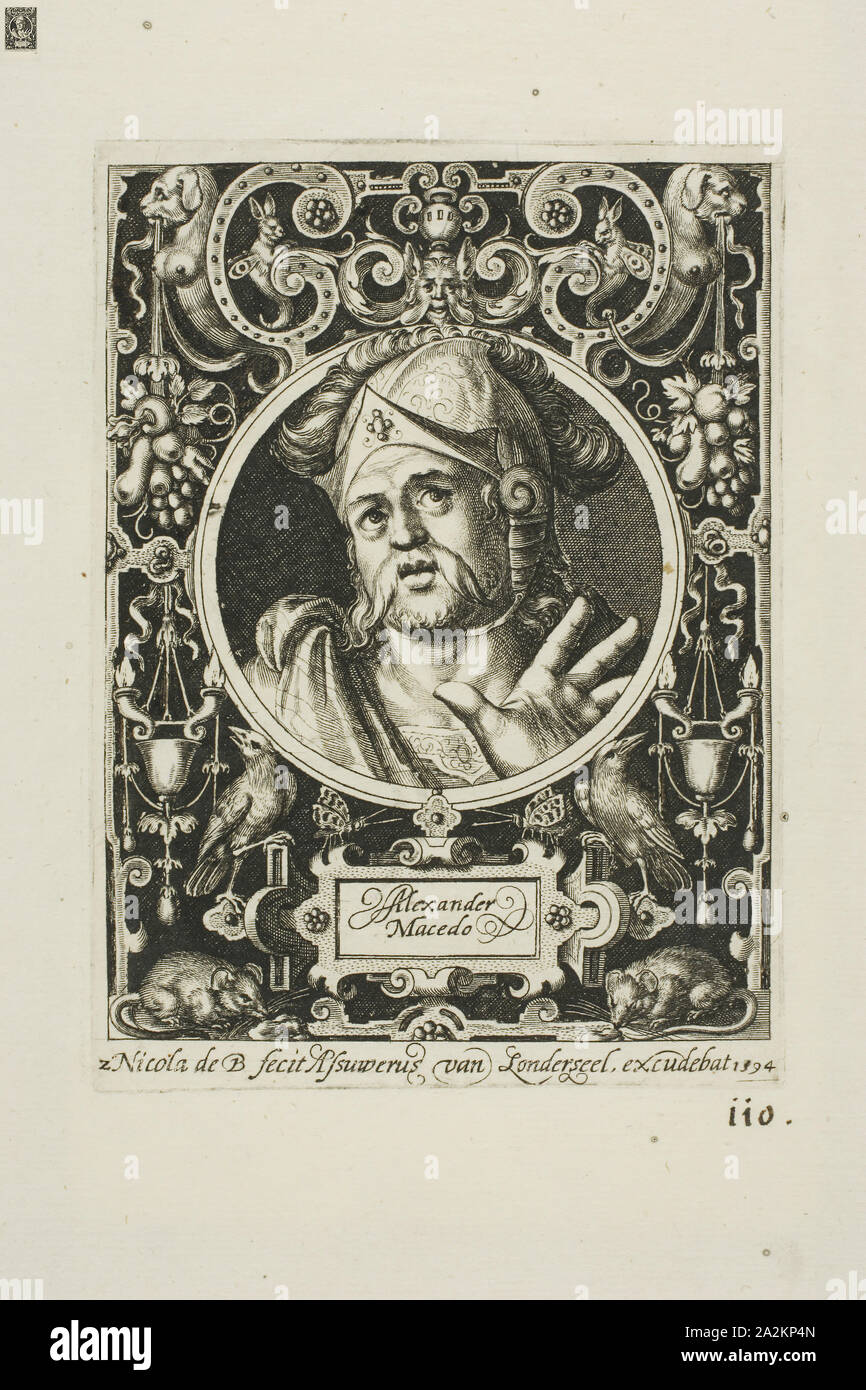 Alexander der Große, Platte zwei von neun Glaubenshelden, 1594, Nicolaes de Bruyn (Flämisch, 1571-1656), durch Assuerus van Londerseel (Flämisch, 1572-1635), Flandern, Gravur in schwarz Veröffentlicht am Creme Bütten, 114 × 86 mm (Bild), 124 × 90 mm (Platte), 186 × 149 mm (Blatt Stockfoto