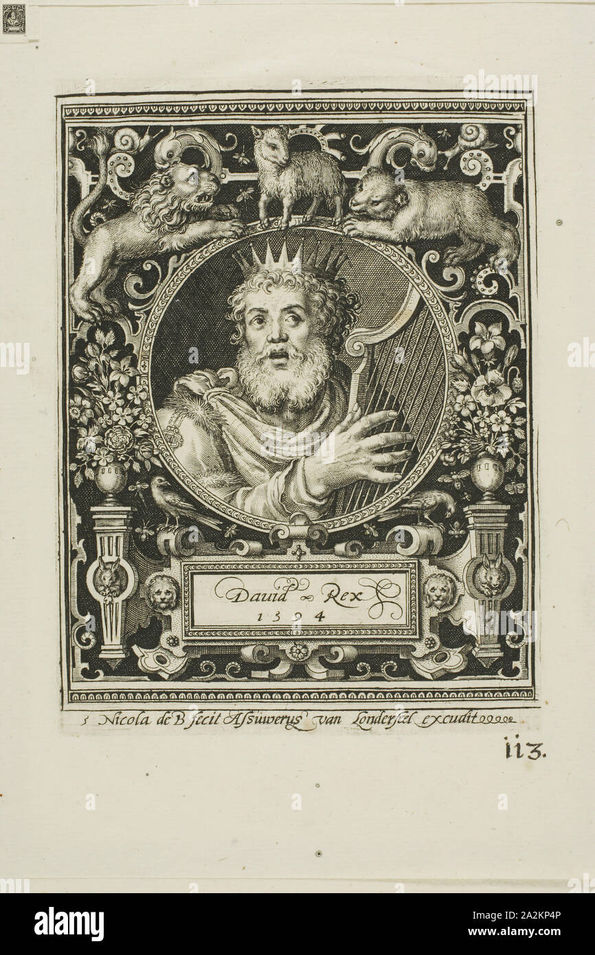 König David, Platte fünf von neun Glaubenshelden, 1594, Nicolaes de Bruyn (Flämisch, 1571-1656), durch Assuerus van Londerseel (Flämisch, 1572-1635), Flandern, Gravur in schwarz Veröffentlicht am Creme Bütten, 118 × 91 mm (Bild), 125 × 92 mm (Platte), 180 × 147 mm (Blatt Stockfoto