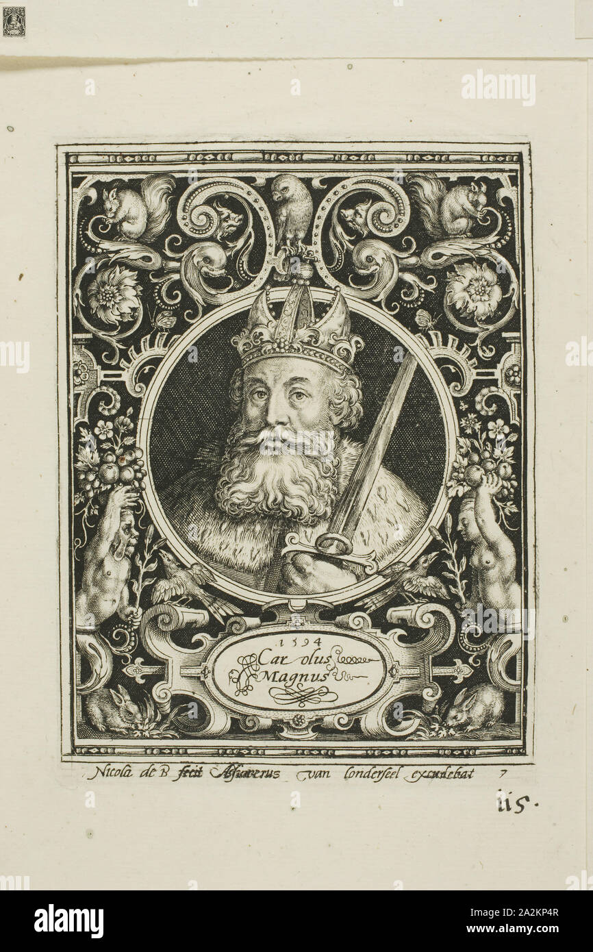 Karl der Große, Platte sieben von den neun Glaubenshelden, 1594, Nicolaes de Bruyn (Flämisch, 1571-1656), durch Assuerus van Londerseel (Flämisch, 1572-1635), Flandern, Gravur in schwarz Veröffentlicht am Creme Bütten, 118,5 × 91 mm (Bild), 123 × 92 mm (Platte), 180 × 149 mm (Blatt Stockfoto