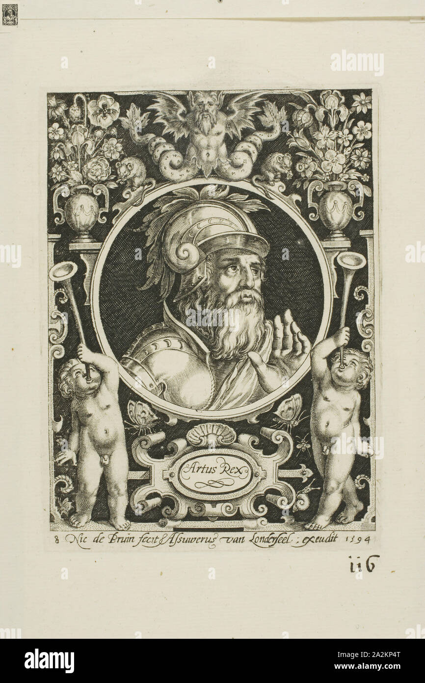 König Arthur, Platte acht von neun Glaubenshelden, 1594, Nicolaes de Bruyn (Flämisch, 1571-1656), durch Assuerus van Londerseel (Flämisch, 1572-1635), Flandern, Gravur in schwarz Veröffentlicht am Creme Bütten, 117,5 × 86,5 mm (Bild), 124 × 91 mm (Platte), 175 × 143 mm (Blatt Stockfoto