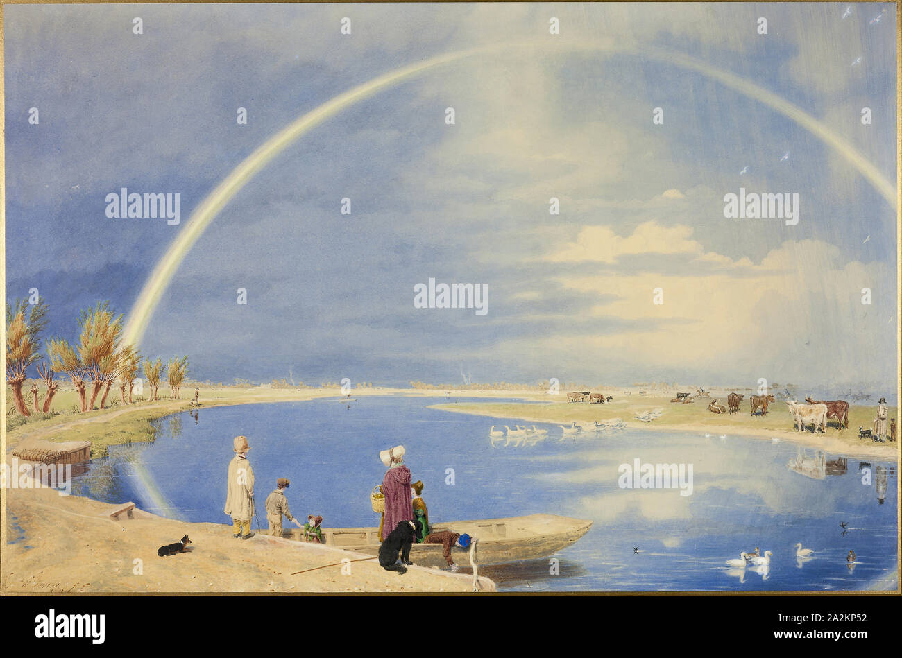 Ein April Dusche: eine Ansicht von binsey Fähre in der Nähe von Oxford, in Richtung Port Wiese und Godstow, 1842, William Turner, Englisch, 1789-1862, Vereinigtes Königreich, Aquarell über Graphit suchen, mit Kratzen, an den cremefarbenen webte Papier, 455 x 685 mm Stockfoto