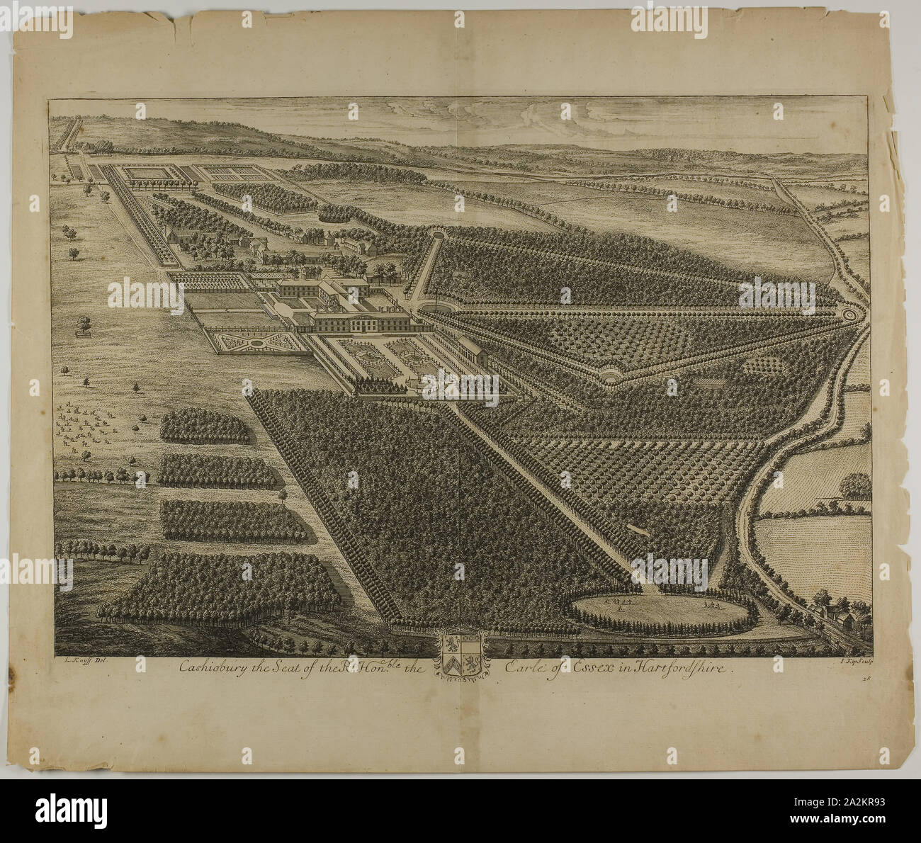 Cashiobury, Platte 28 aus Britannia Illustrata, veröffentlicht 1707, Jan Kip (Niederländisch, C. 1653-1722), nachdem Leonard Knyff (Niederländisch, 1650-1721), von David Mortier (Französisch, 1673-1728), Niederlande, Ätzung, Gravur, in Schwarz an den cremefarbenen Papier, 323 x 472 mm (Bild), 348 x 479 mm (Platte), 440 x 520 mm (Blatt festgelegt Stockfoto