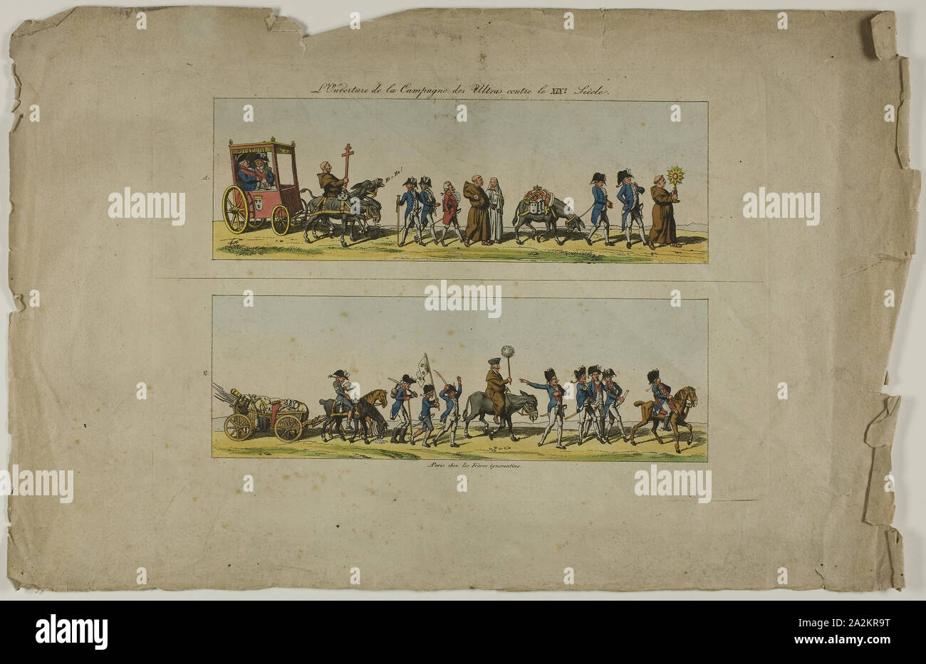 Platten Eins und Zwei, von L'Ouverture de la Campagne de Ultras contre la XIXe Siecle, n.d., unbekannter Künstler, Französisch, 19. Jahrhundert, Frankreich, Zwei Radierungen, mit Aquarell, auf Creme webte Papier, 67 x 205 mm (beide Bilder), 179 × 256 mm (Platte), 240 × 378 mm (Blatt Stockfoto