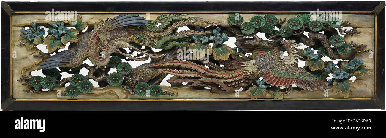 Einer der beiden Ramma (Heckmontage) Panels vom Hooden, 1893, Takamura Koun, Japanisch, 1852-1934, Japan, Holz mit mehrfarbigem, 95 × 280 × 20 cm (37 1/4 x 90 1/4 x 7 7/8 in Stockfoto