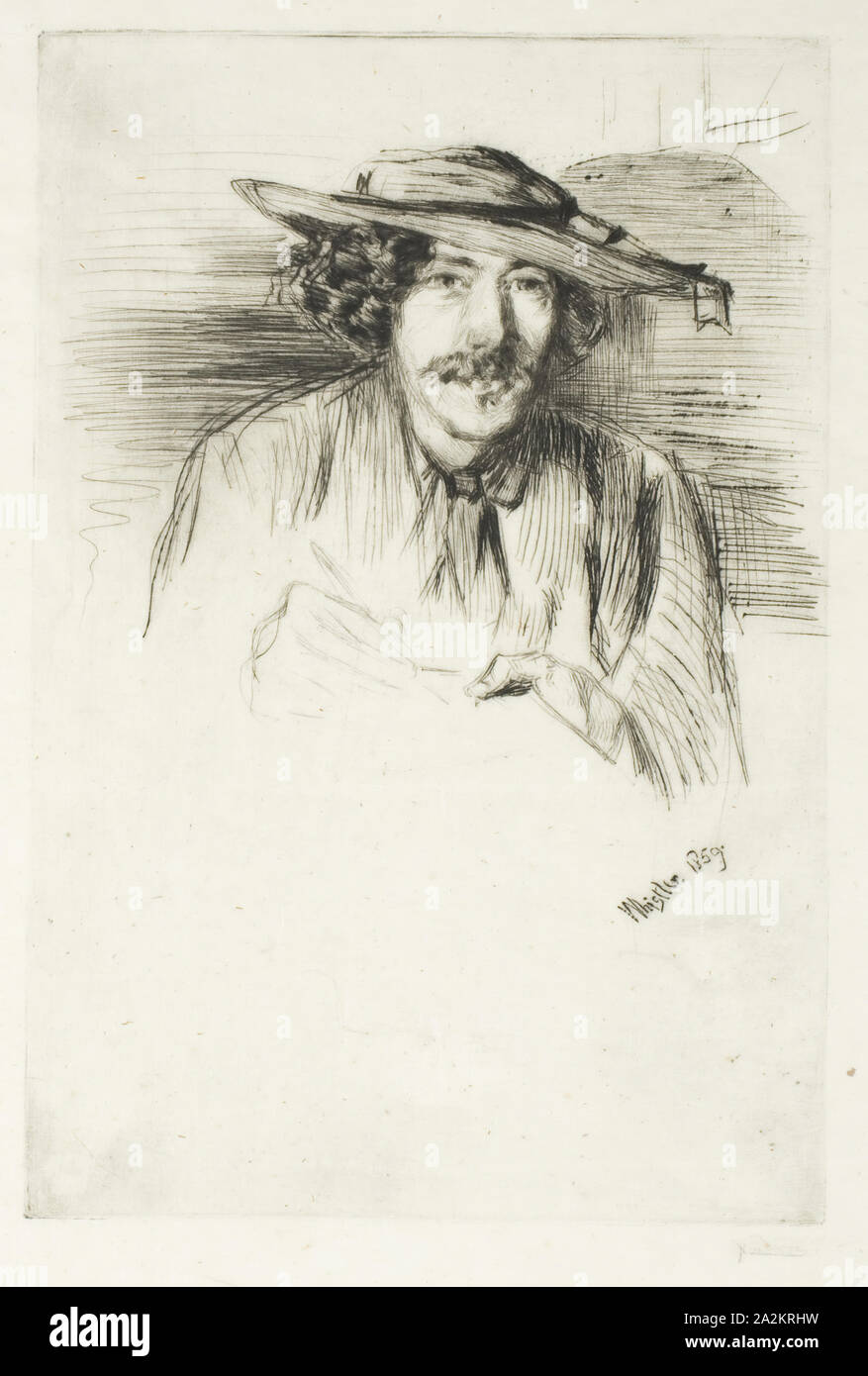 Whistler mit Hut, 1859, James McNeill Whistler, American, 1834-1903, Usa, kaltnadelradierung mit hellen Platte Ton auf dünnen Elfenbein japanisches Papier, 226 x 151 mm (Bild/Platte), 246 x 170 mm (Blatt Stockfoto