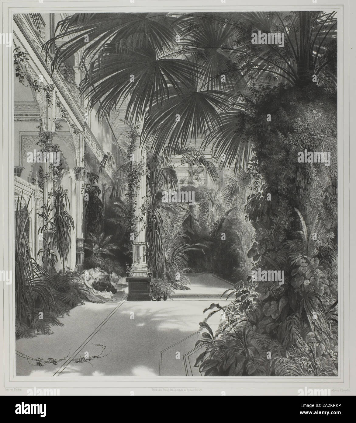 Blick auf das Palm House auf der Peacock-Island, C. 1844, Friedrich Julius Tempeltei (Deutsch, 1802-1870), nach Carl Blechen (1798-1840), Deutschland, Lithographie in Schwarz auf Elfenbein japanisches Papier, gelegt auf Elfenbein webte Papier (chine collé), 429 × 381 mm (Bild/Primary Support), 718 × 548 mm (sekundäre Unterstützung Stockfoto