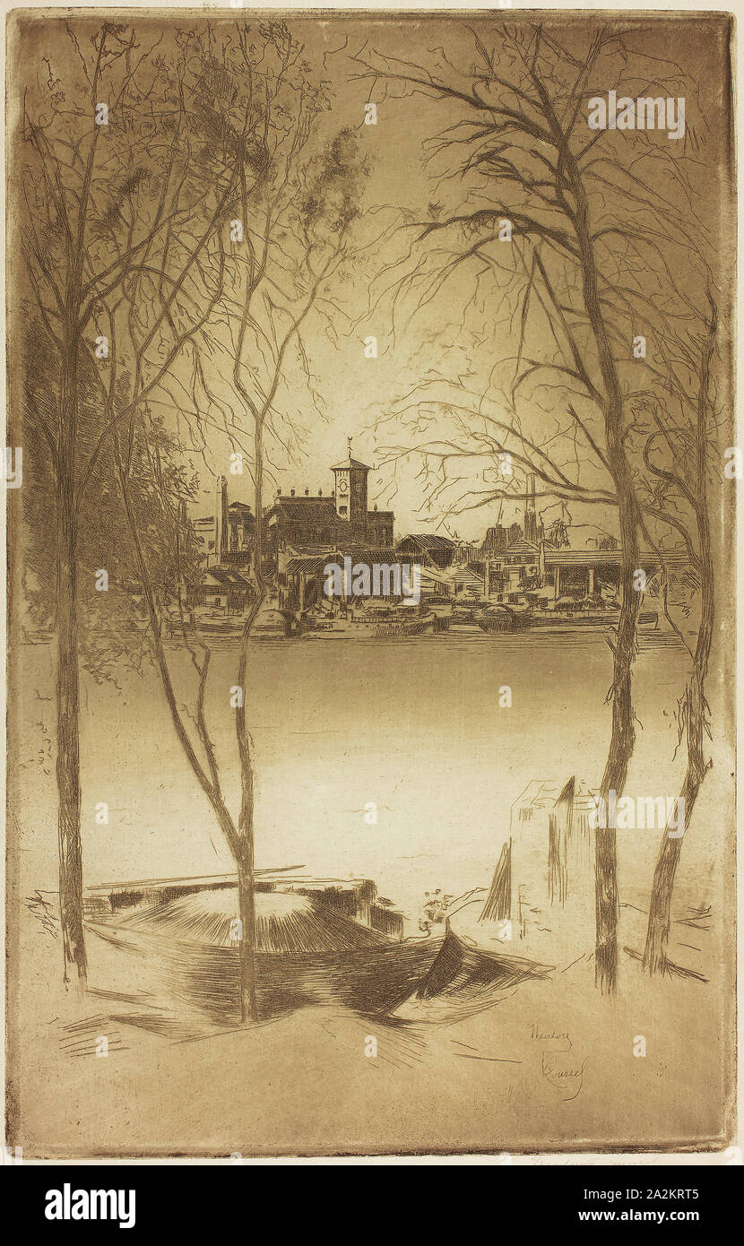 Laburnums und Battersea, 1889/90 und 1898, Theodore Roussel, Französisch, in England, 1847-1926, England, Radierung gearbeitet und kaltnadelradierung in Braun, mit selektiven Abwischen der Platte Ton, auf Creme japanisches Papier, 342 × 221 mm (Bild/Platte), 421 × 272 mm (Blatt Stockfoto