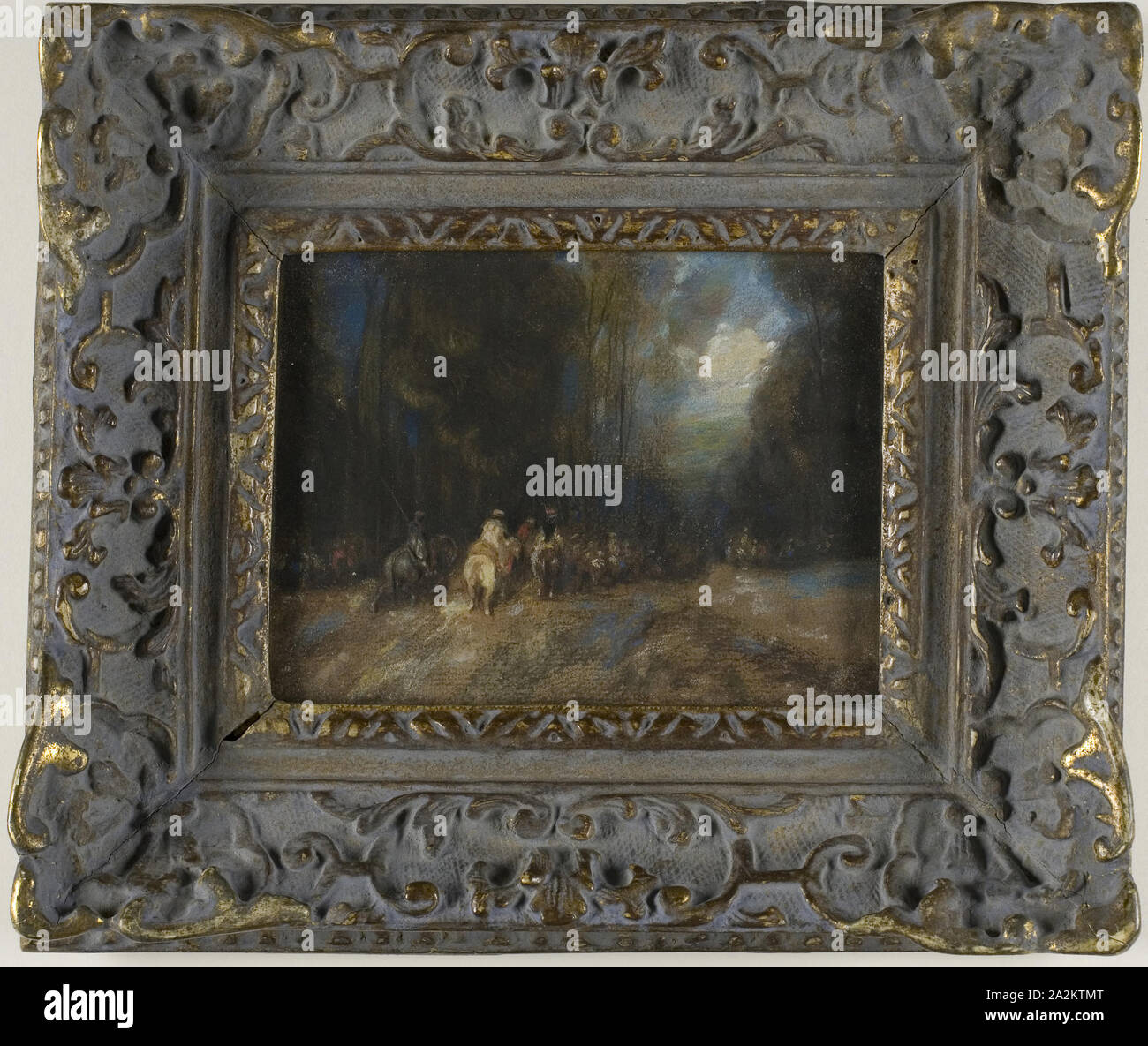 Reiter auf dem Pferd im Wald, 18. Jahrhundert, unbekannter Künstler, Französisch, 18. Jahrhundert, Frankreich, Pastell, mit einem Hauch von Binder - Rich Media (eventuell Öl), auf tan-Papier auf Pappe gelegt, gerahmten Stockfoto