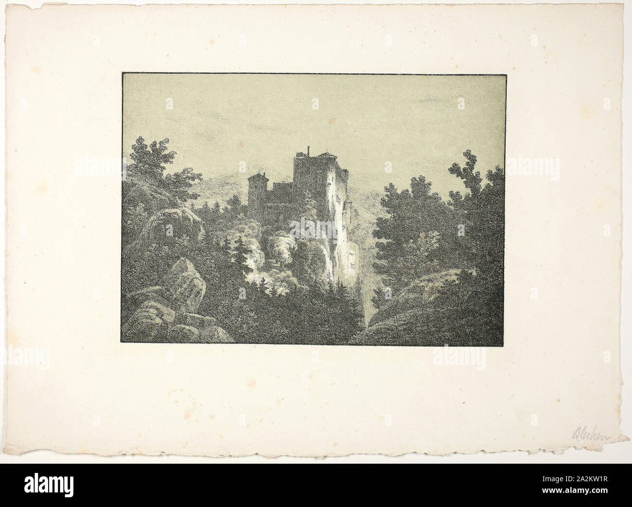 Ruinen einer Burg, 1825/27, Carl Blechen, Deutsch, 1798-1840, Deutschland, Lithographie mit Oliv-grünen Farbton Stein, mit weißen Gouache verstärkt, auf Elfenbein webte Papier, 154 x 218 mm (Bild), 257 x 350 mm (Blatt Stockfoto