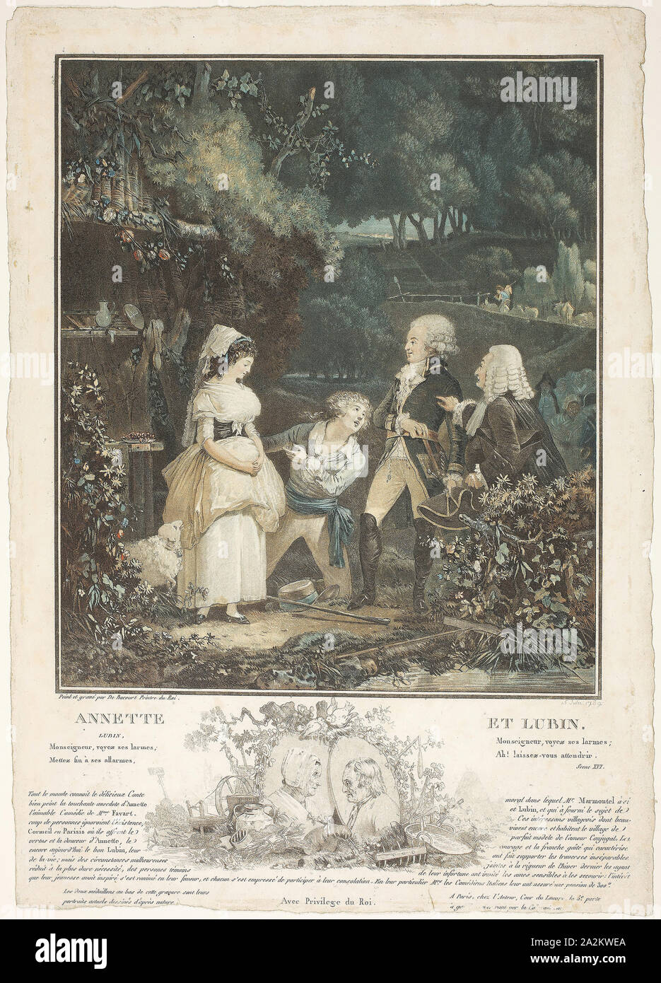 Annette und Lubin, 1789, Philibert Louis Debucourt, Französisch, 1755-1832, Frankreich, Radierung und Aquatinta auf Elfenbein Bütten, 380 × 268 mm. Stockfoto