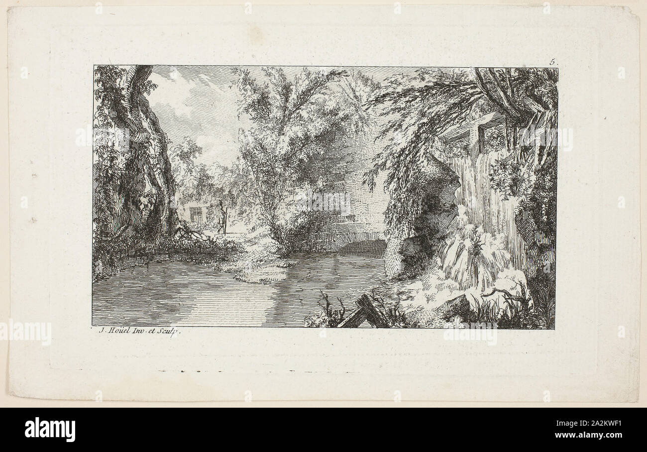 Landschaft mit einem Walker und eine Kaskade, Platte 5 aus dem zweiten Suite Livre de Paysages (Buch der Landschaften), 1758, Jean-Pierre - Louis-Laurent Hoüel, Französisch, 1735-1813, Frankreich, Radierung in Schwarz auf Weiß Bütten, 85 x 150 mm (Bild), 108 x 175 mm (Platte), 128 × 203 mm (Blatt Stockfoto