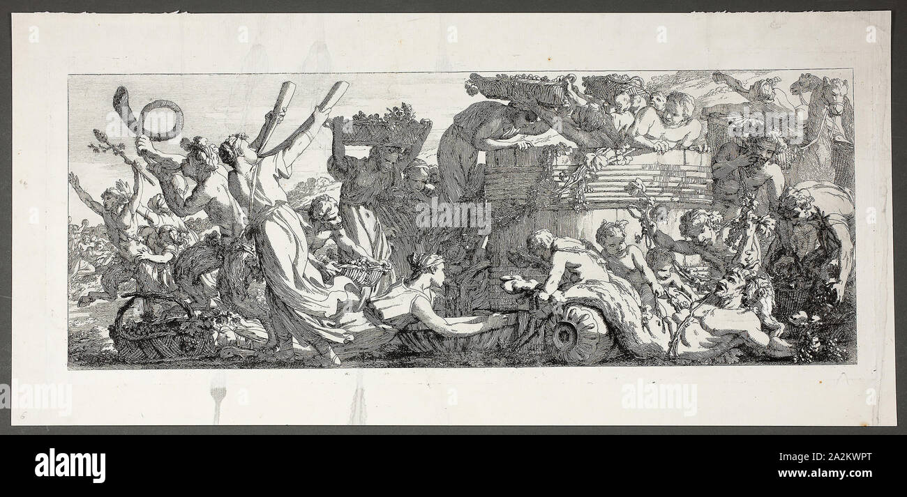 Ankunft an der Traube drücken, Platte vier von vier von Le travaux de la Vendange, 1750 Joseph-Marie Vien, der Ältere, Französisch, 1716-1809, Frankreich, Ätzung auf Papier, 160 x 425 mm (Bild), 170 × 433 (Platte Stockfoto