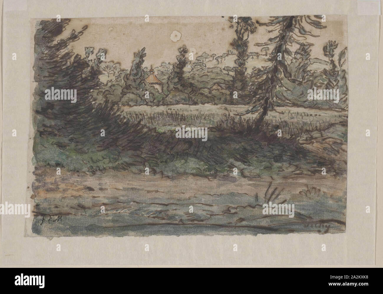 In der Nähe von Vichy, 1866/67, Jean François Millet, Französisch, 1814-1875, Frankreich, Aquarell und Feder und braun Eisengallustinte Tinte über Graphit auf Elfenbeinfarbenem gelegt, Perimeter montiert Creme japanisches Papier, 109 × 161 mm. Stockfoto