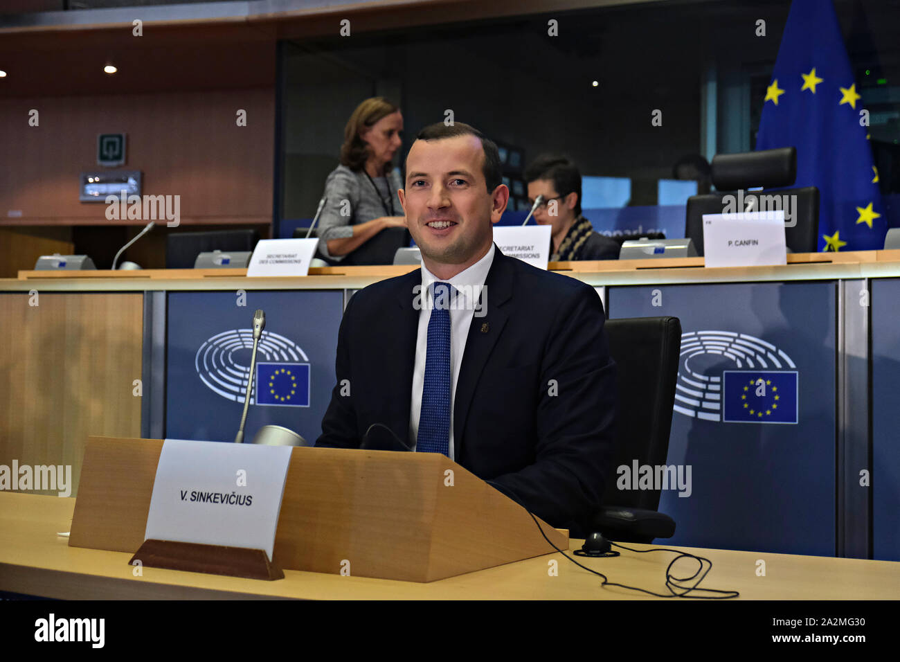 Brüssel, Belgien. 3. Oktober 2019. Europäische Umwelt- und Ozeane der designierte Kommissar Virginijus Sinkevicius von Litauen nimmt an seiner Anhörung vor dem Europäischen Parlament. Credit: ALEXANDROS MICHAILIDIS/Alamy leben Nachrichten Stockfoto